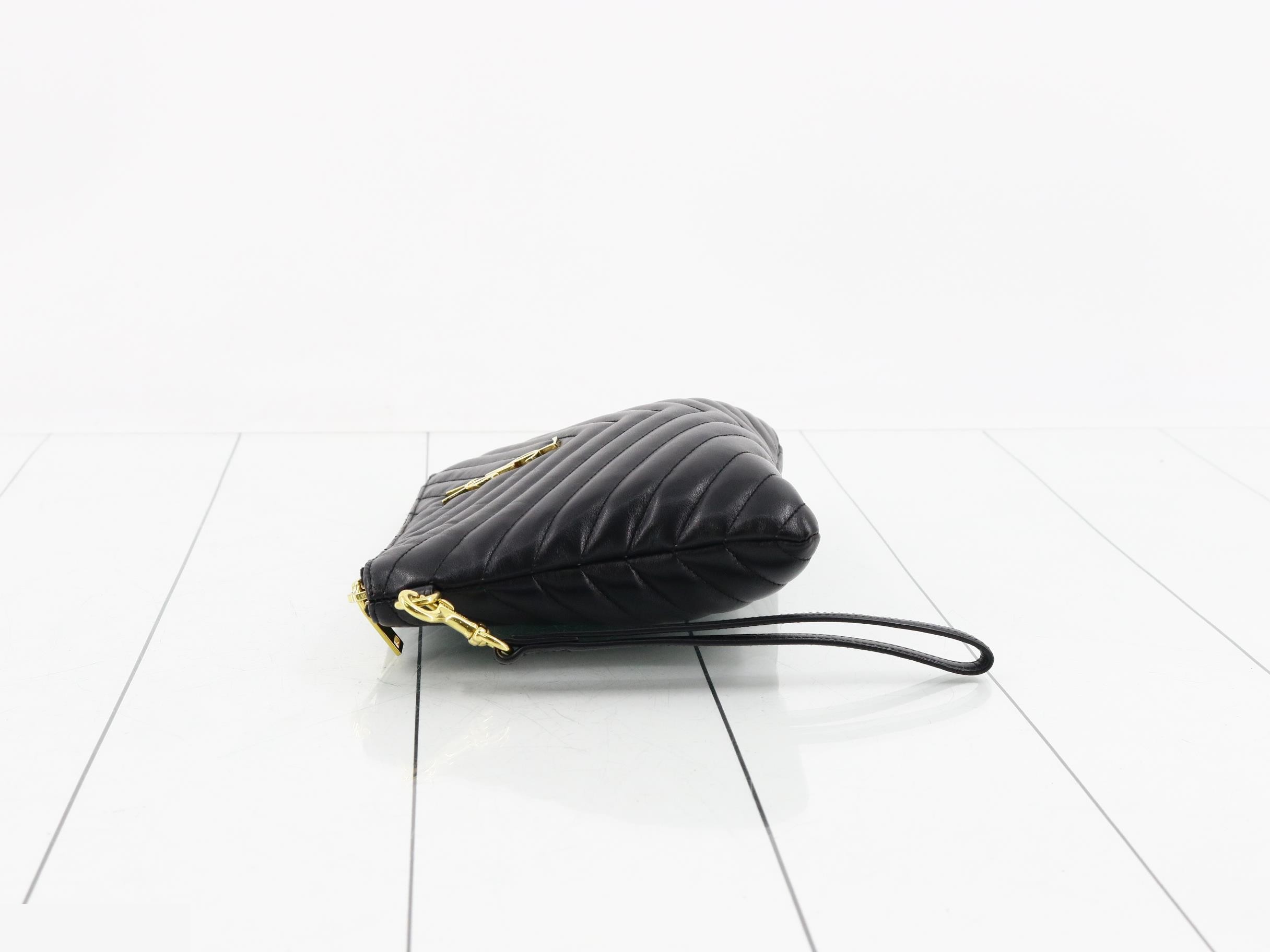 Leather Quilted Clutch Bag with Brand Logo, Black — view 4