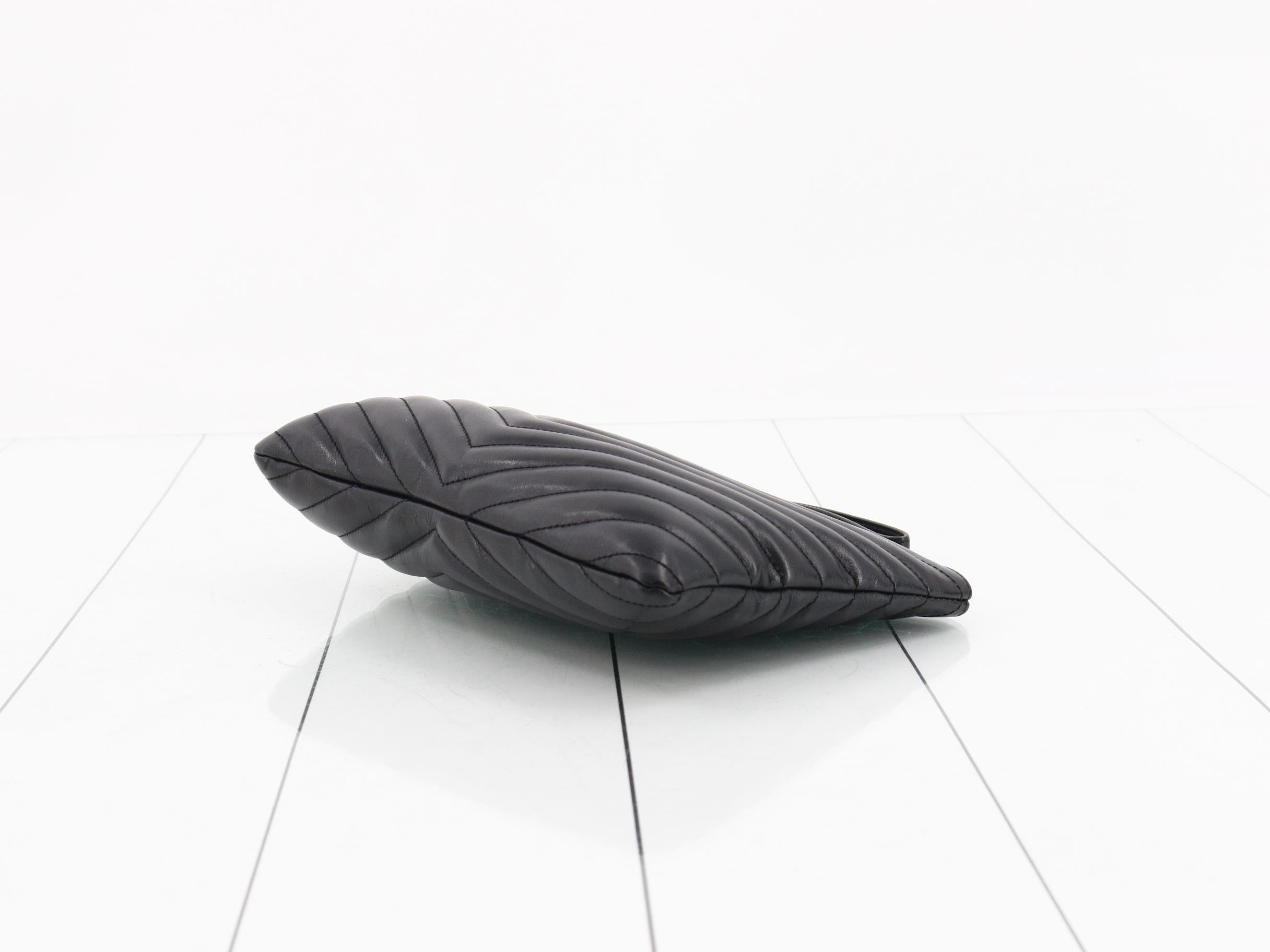 Leather Quilted Clutch Bag with Brand Logo, Black — view 6