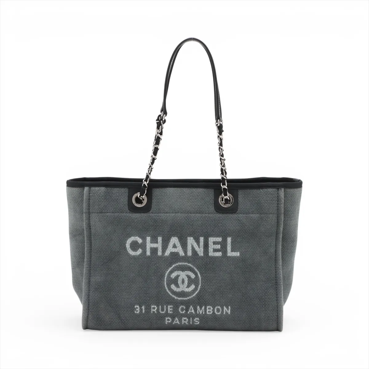 Deauville MM Canvas x Leather Chain Tote Bag, Gray, Silver Hardware, 16079625, Serial Number 16