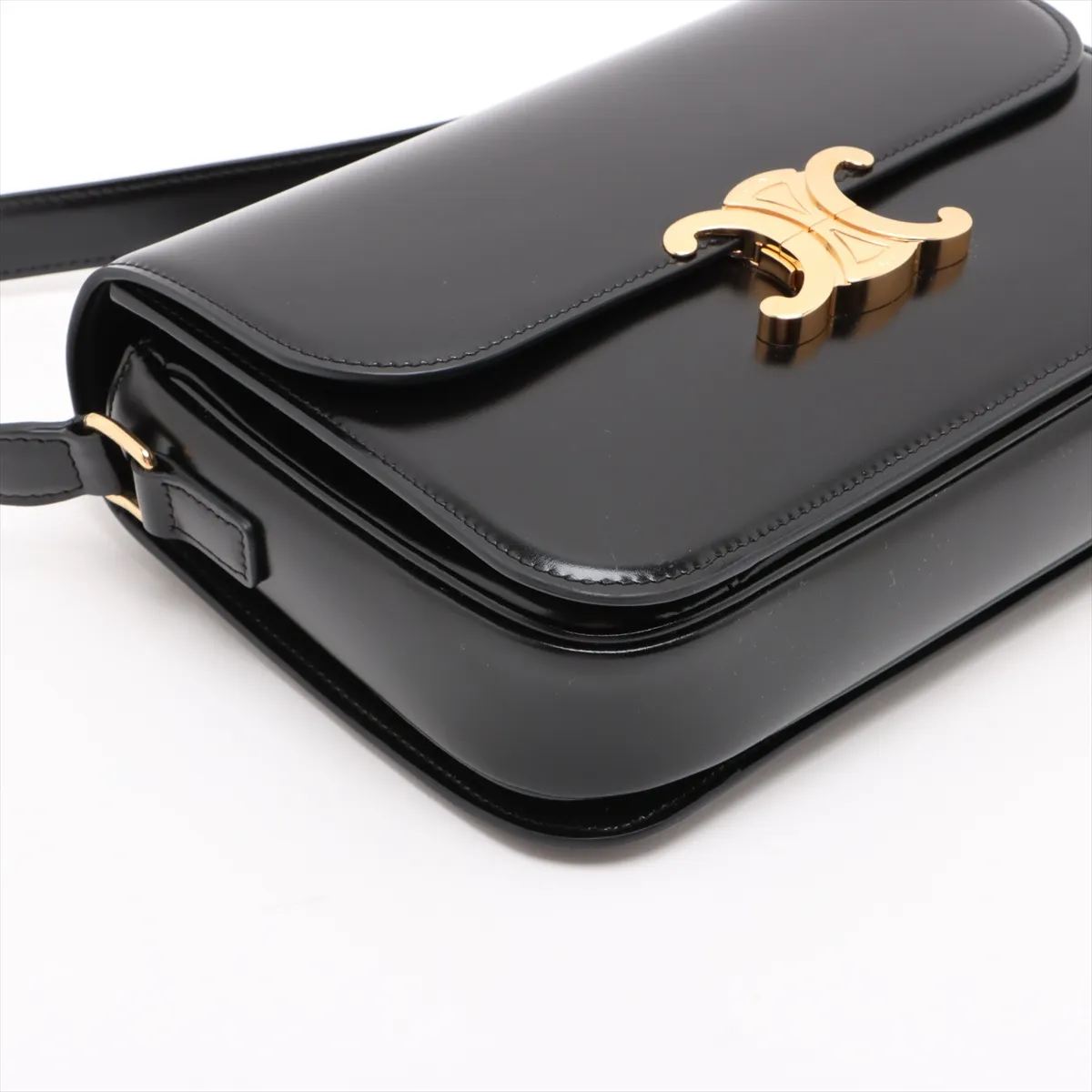 Triomphe Leather Shoulder Bag, Black — view 4