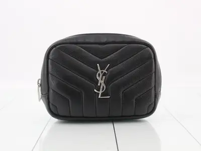 Quilted leather V-stitch cosmetic pouch