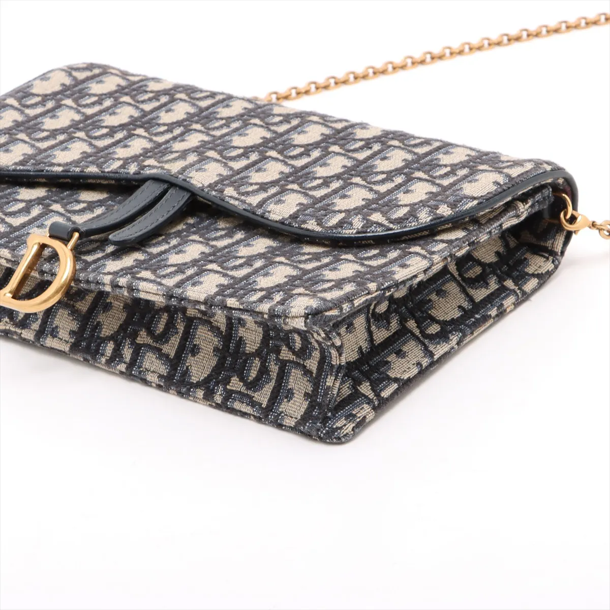 Oblique Saddle Canvas Chain Shoulder Bag, Navy — view 3