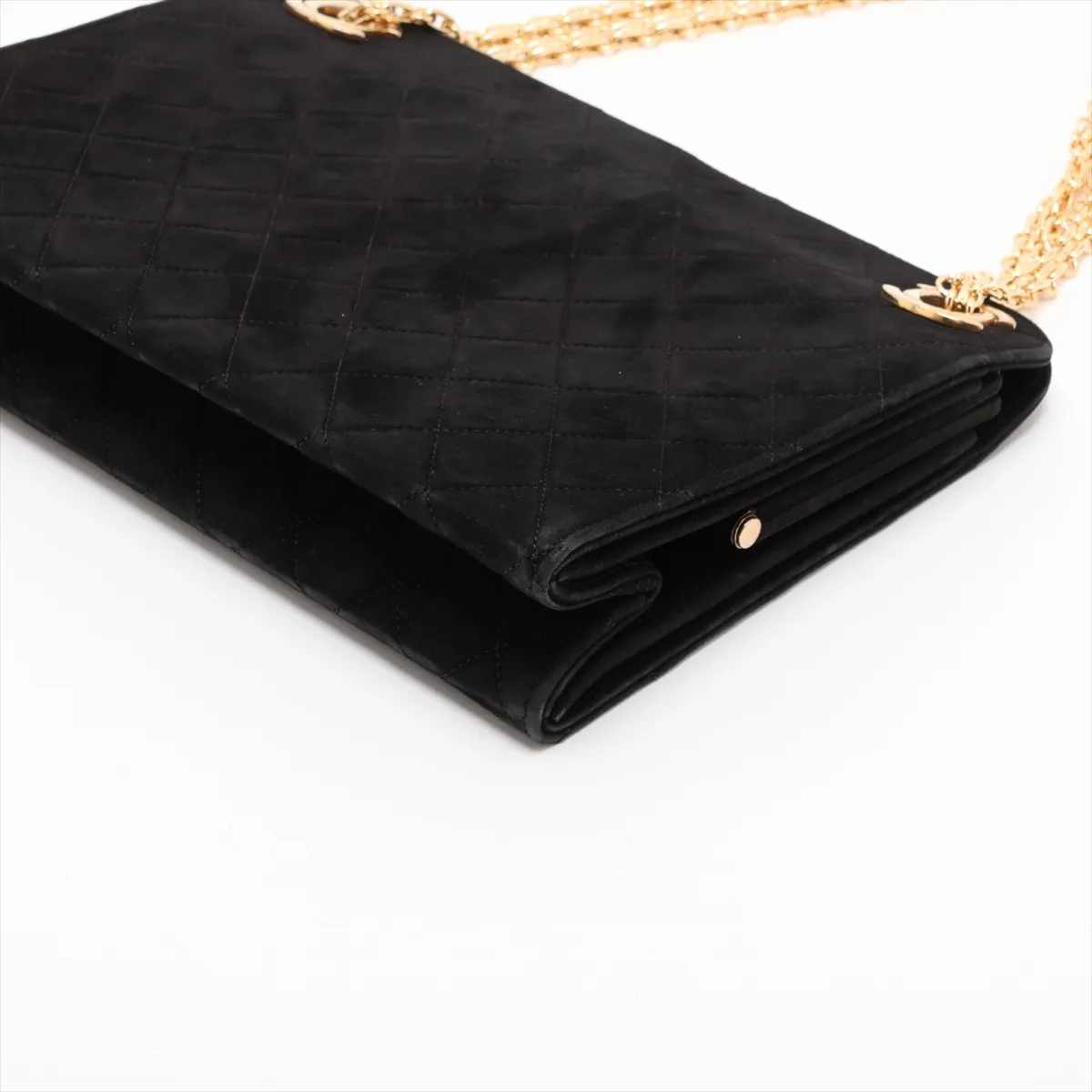 Matelassé Suede Chain Shoulder Bag, Kiss-lock Closure, Black, Gold Hardware — view 3
