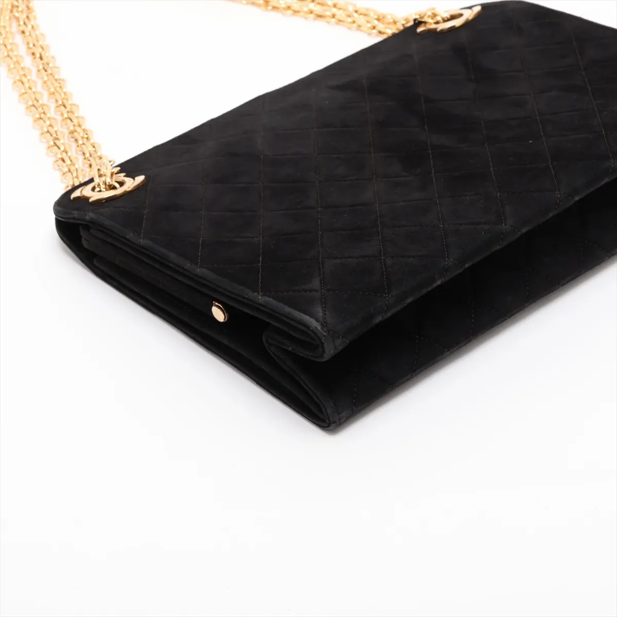 Matelassé Suede Chain Shoulder Bag, Kiss-lock Closure, Black, Gold Hardware — view 4