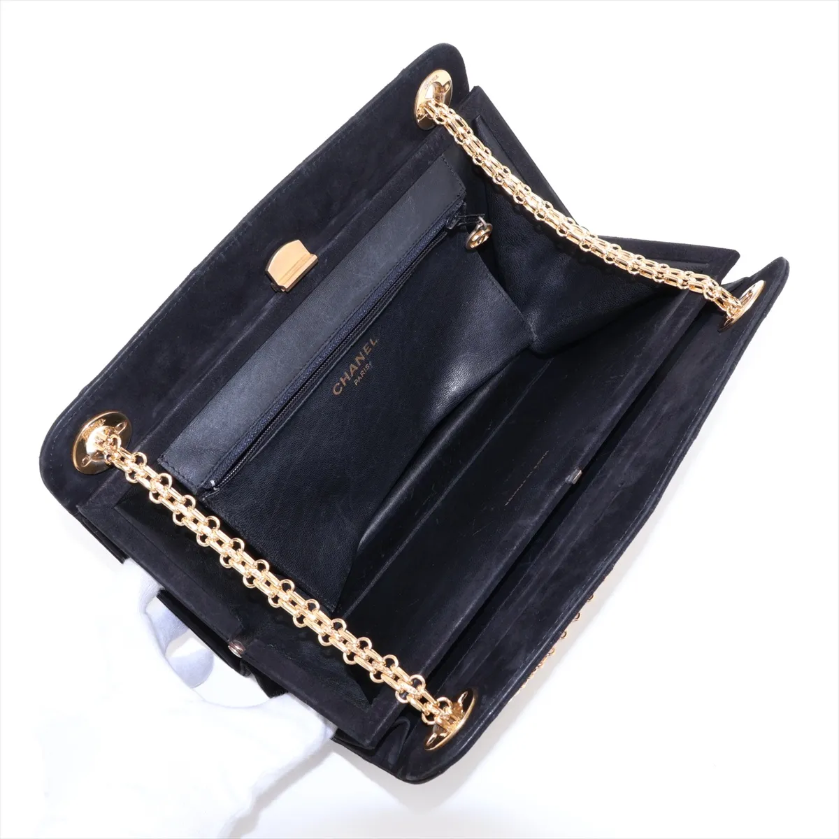 Matelassé Suede Chain Shoulder Bag, Kiss-lock Closure, Black, Gold Hardware — view 7