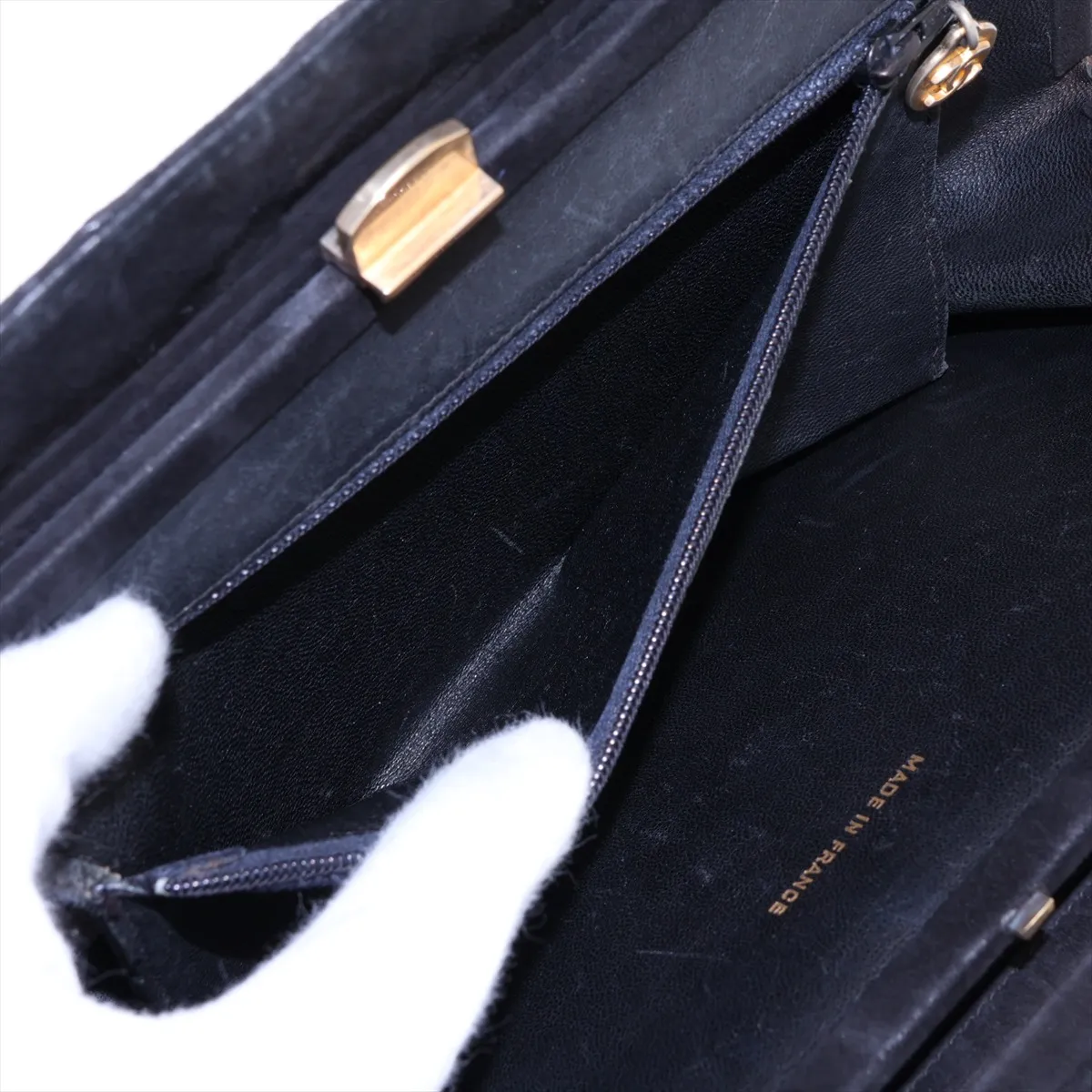 Matelassé Suede Chain Shoulder Bag, Kiss-lock Closure, Black, Gold Hardware — view 8