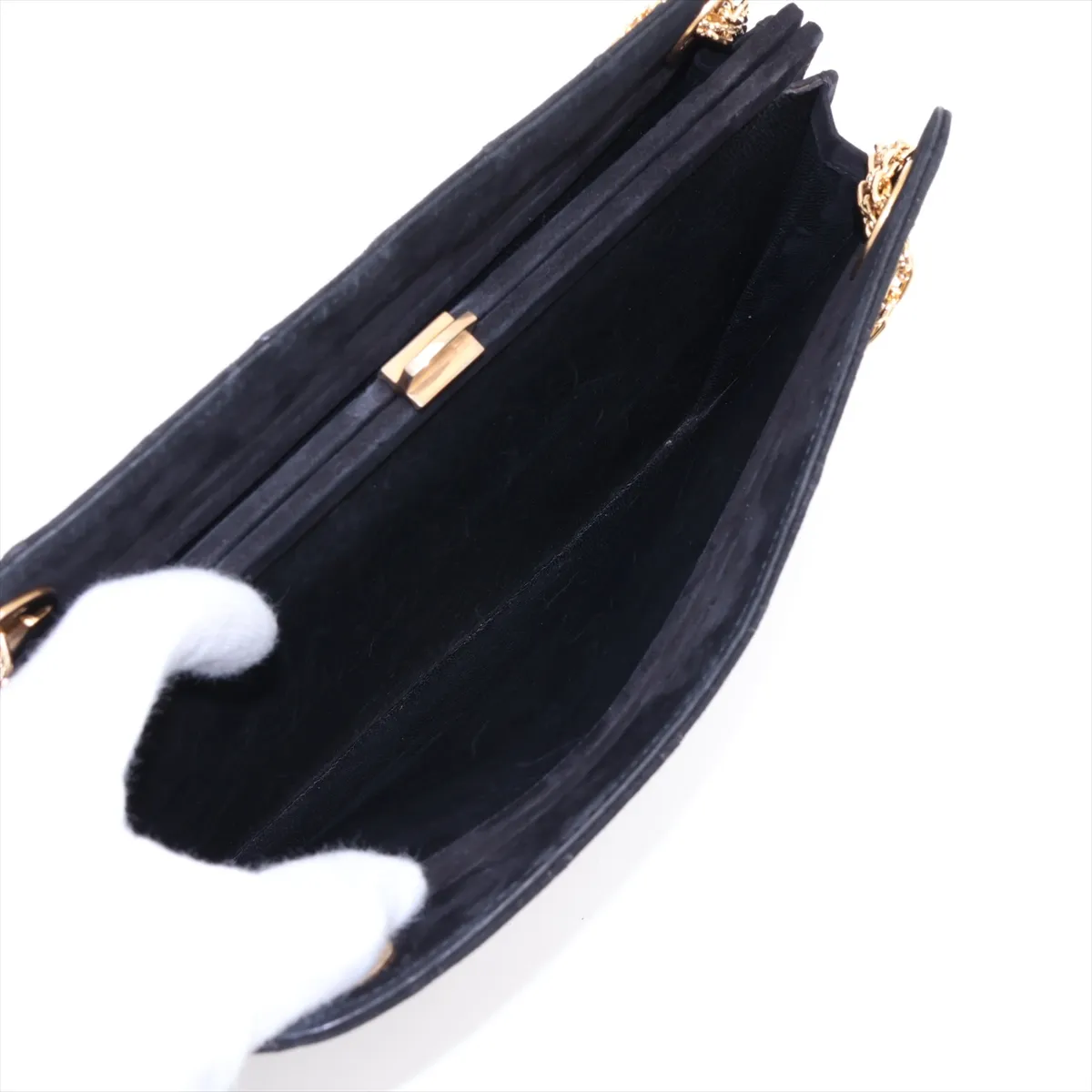 Matelassé Suede Chain Shoulder Bag, Kiss-lock Closure, Black, Gold Hardware — view 9