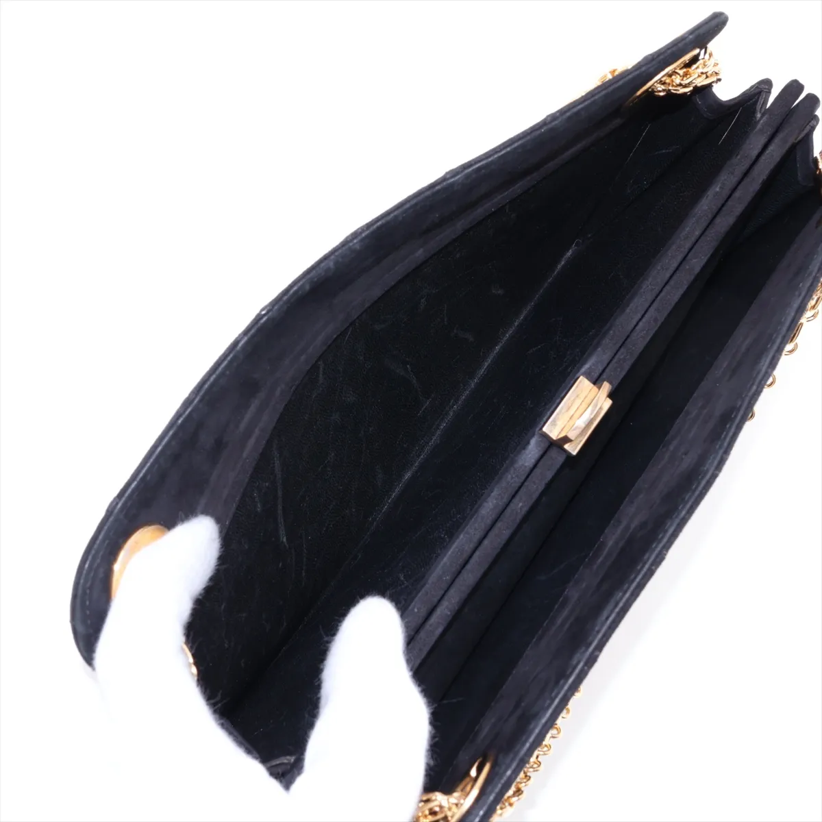 Matelassé Suede Chain Shoulder Bag, Kiss-lock Closure, Black, Gold Hardware — view 10