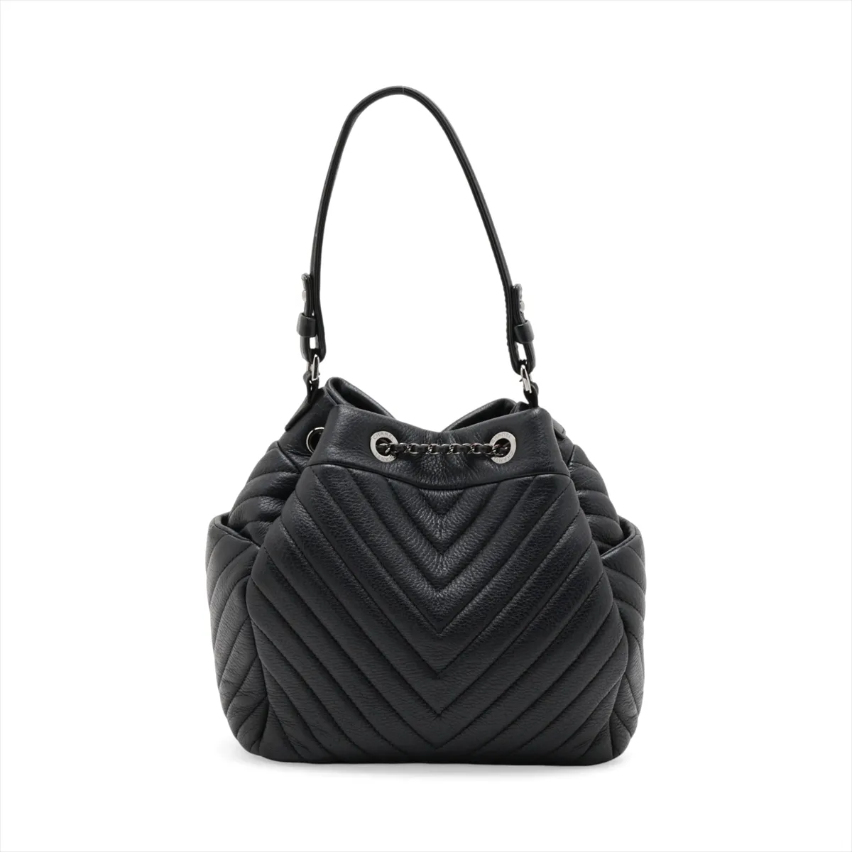 Chevron Leather 2-Way Shoulder Bag, Drawstring Closure, Black, Silver Hardware, 23152140, Serial Number 23, A91273 — view 2