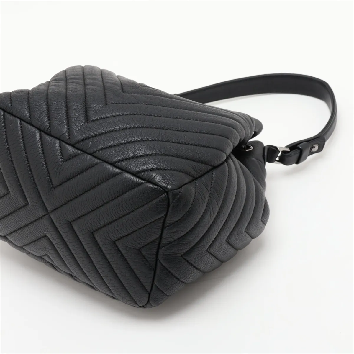 Chevron Leather 2-Way Shoulder Bag, Drawstring Closure, Black, Silver Hardware, 23152140, Serial Number 23, A91273 — view 3