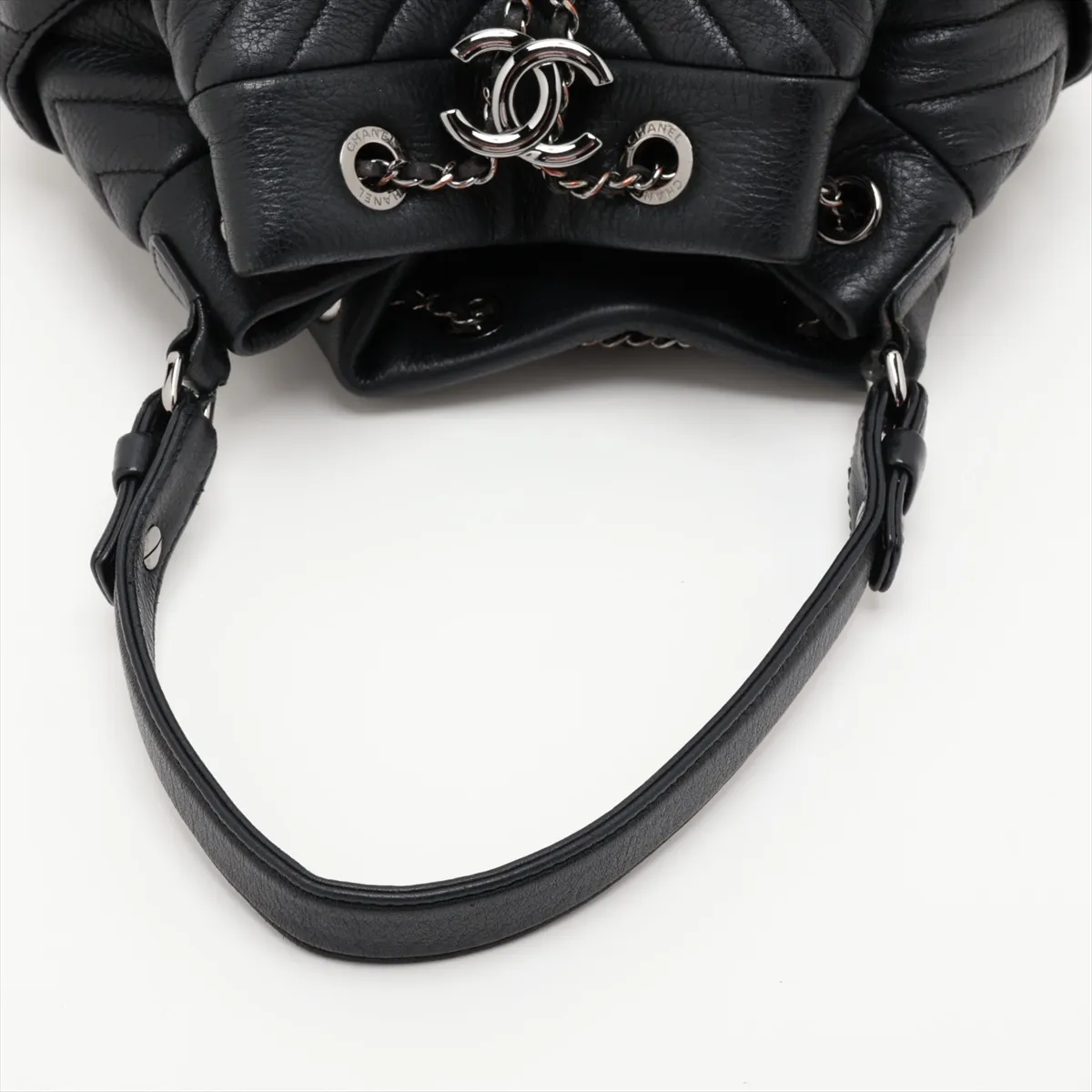 Chevron Leather 2-Way Shoulder Bag, Drawstring Closure, Black, Silver Hardware, 23152140, Serial Number 23, A91273 — view 5
