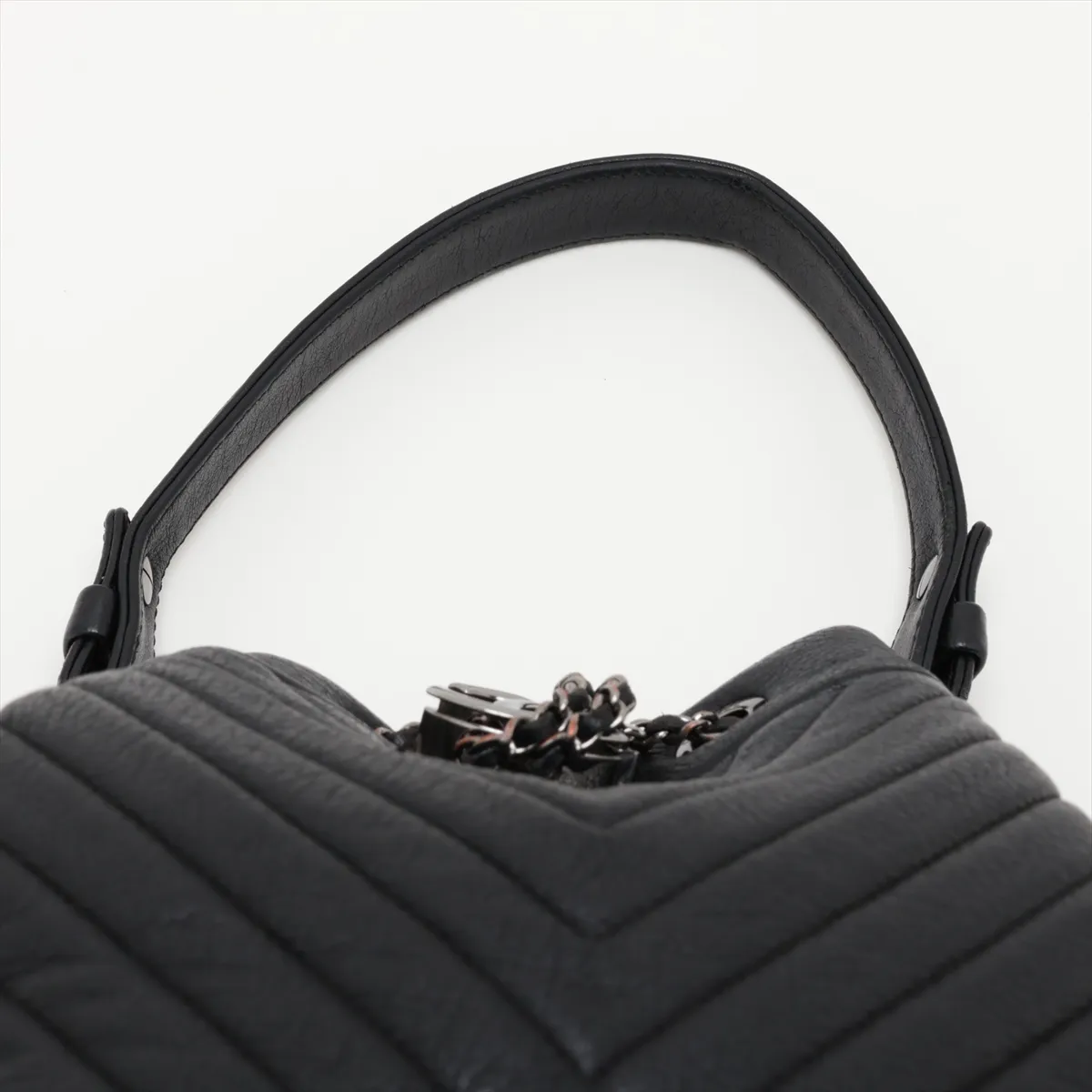 Chevron Leather 2-Way Shoulder Bag, Drawstring Closure, Black, Silver Hardware, 23152140, Serial Number 23, A91273 — view 6