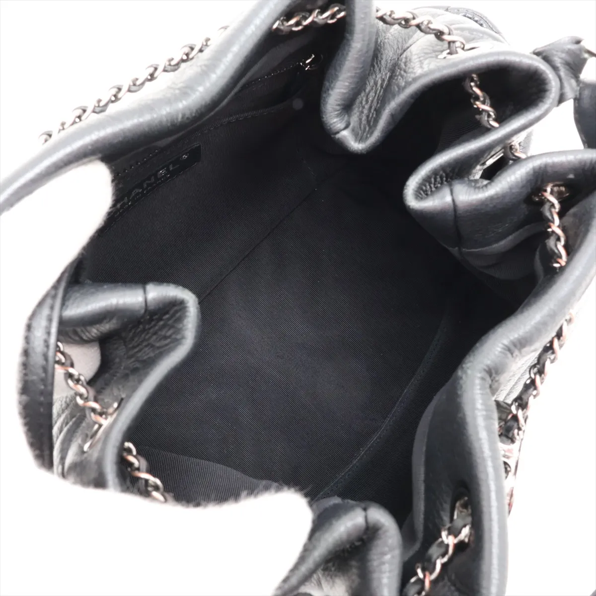 Chevron Leather 2-Way Shoulder Bag, Drawstring Closure, Black, Silver Hardware, 23152140, Serial Number 23, A91273 — view 8