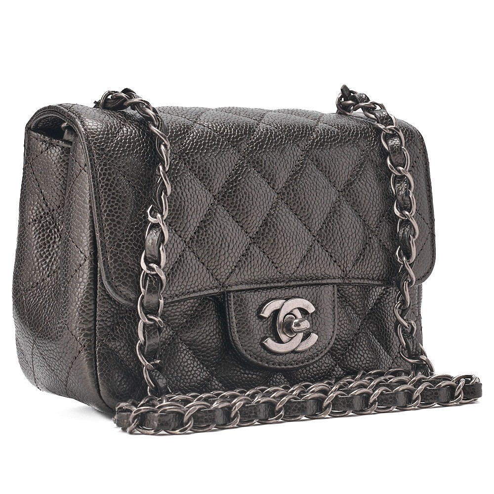 Caviar leather mini matelassé single flap chain shoulder bag, dark grey — view 3