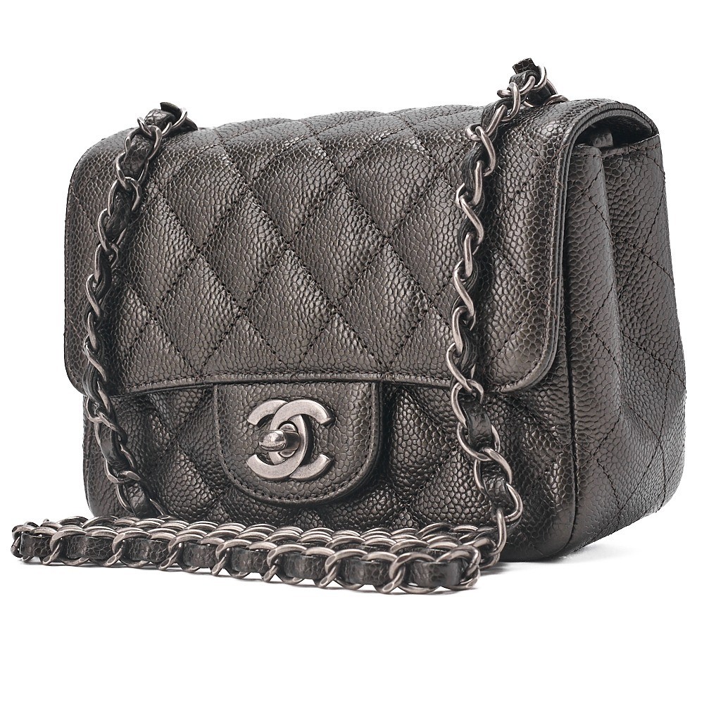 Caviar leather mini matelassé single flap chain shoulder bag, dark grey — view 4