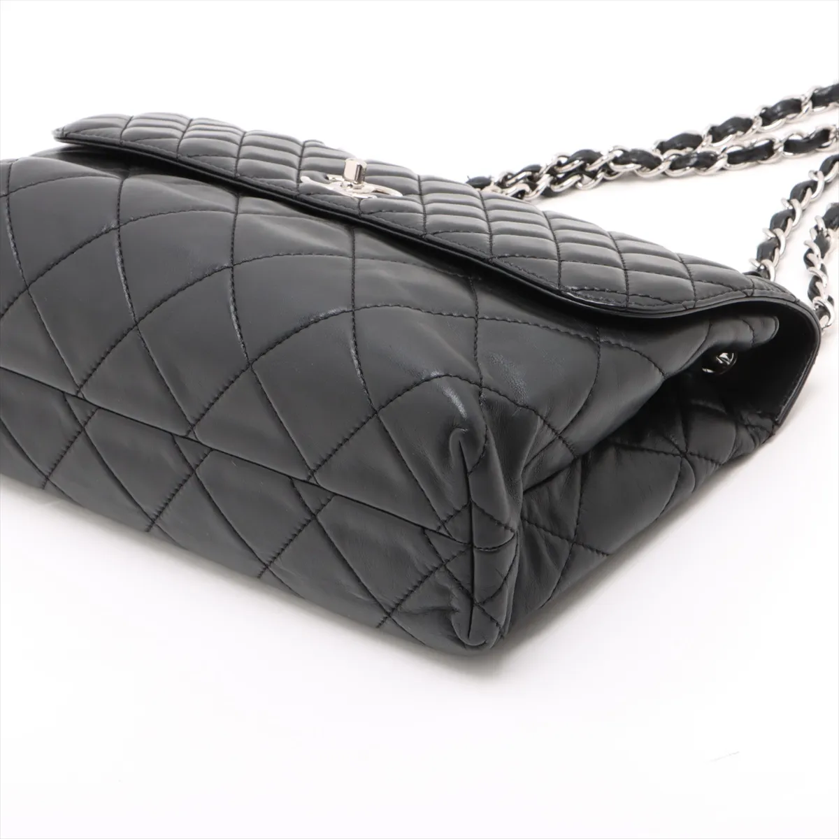 Large Matelassé Lambskin Single Flap Double Chain Bag, Black with Silver Hardware, 14643209, Series 14 — view 3