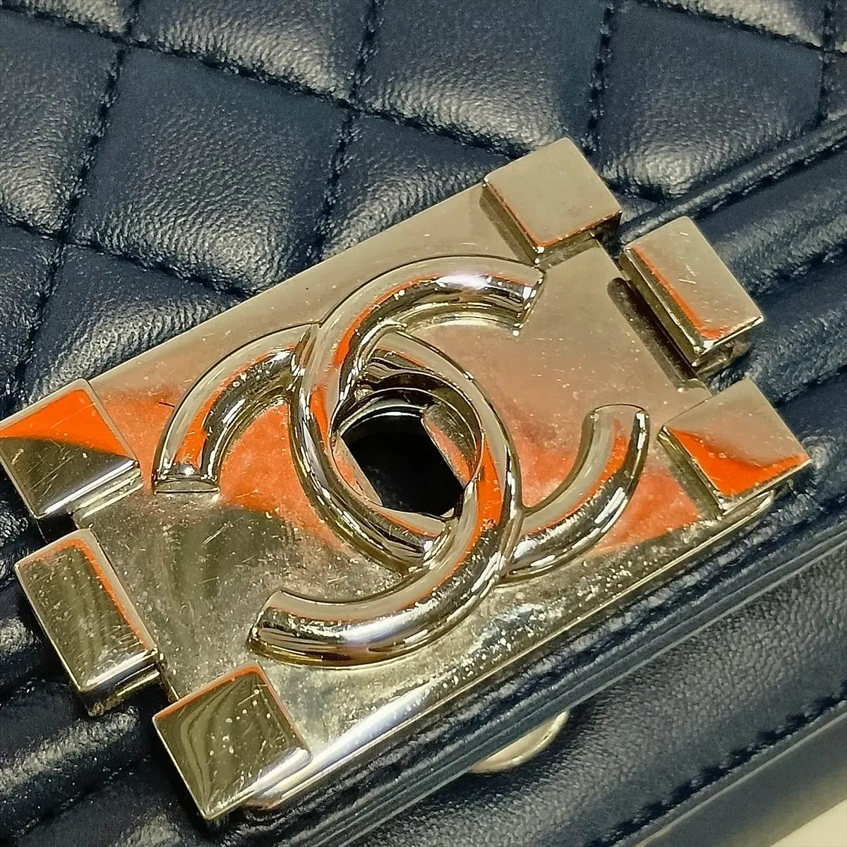 Boy Chanel 25 Lambskin Chain Shoulder Bag, Navy, Silver Hardware, 24716789, Serial Number 24, A67086 — view 12