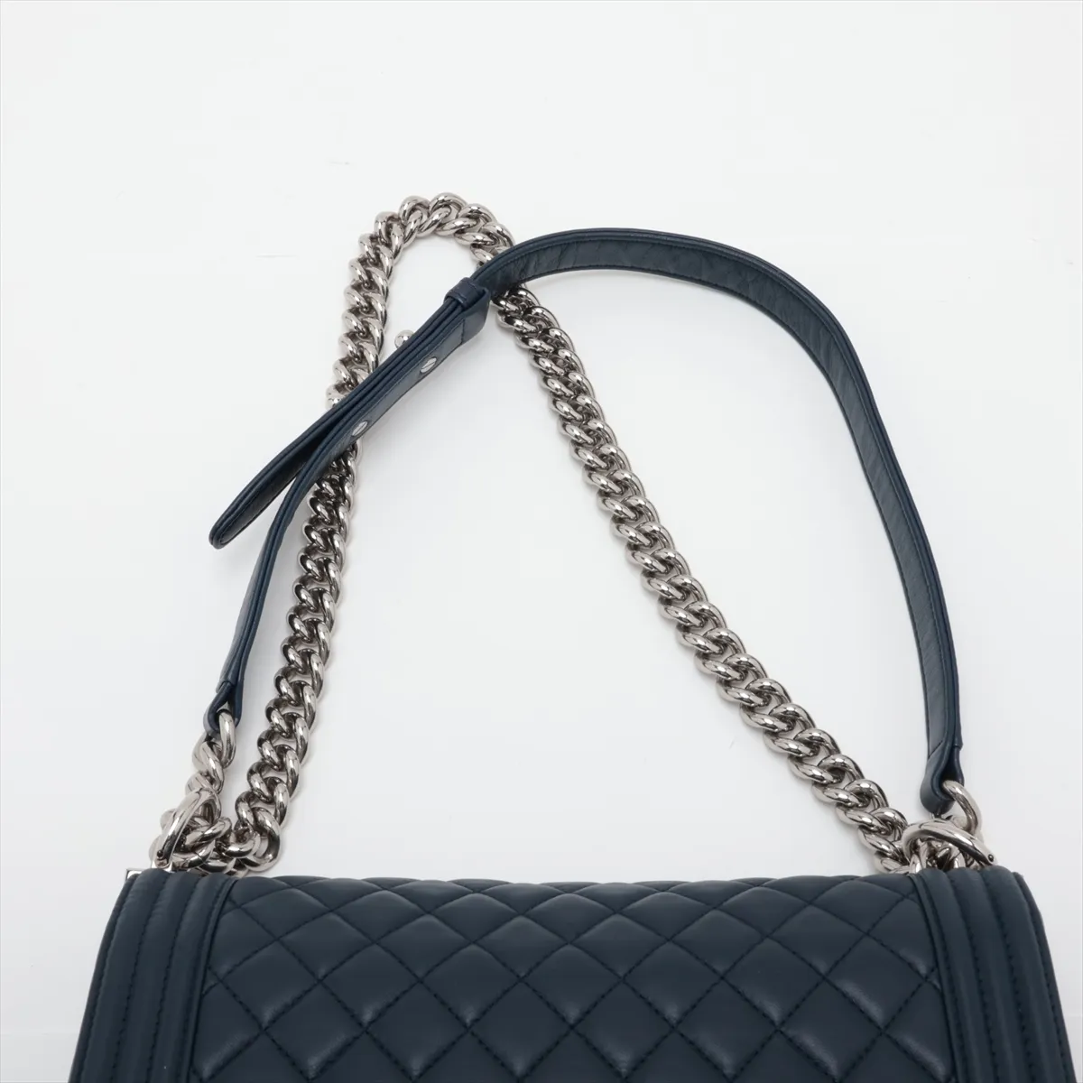 Boy Chanel 25 Lambskin Chain Shoulder Bag, Navy, Silver Hardware, 24716789, Serial Number 24, A67086 — view 6