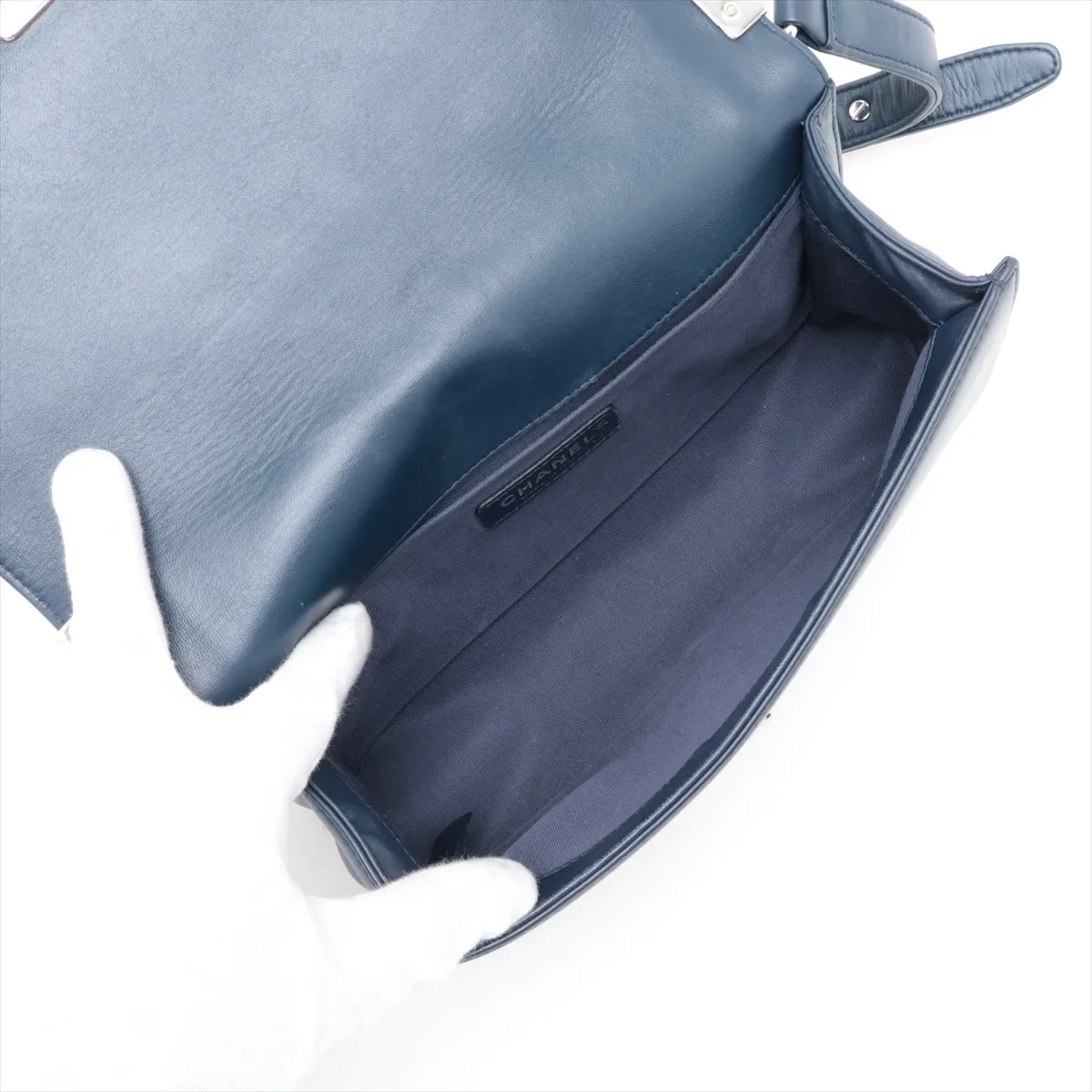 Boy Chanel 25 Lambskin Chain Shoulder Bag, Navy, Silver Hardware, 24716789, Serial Number 24, A67086 — view 7