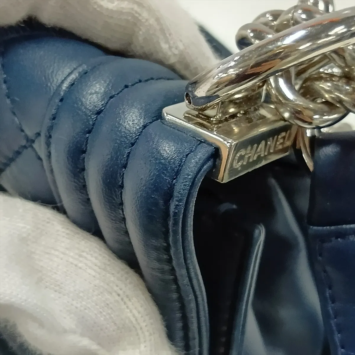 Boy Chanel 25 Lambskin Chain Shoulder Bag, Navy, Silver Hardware, 24716789, Serial Number 24, A67086 — view 10