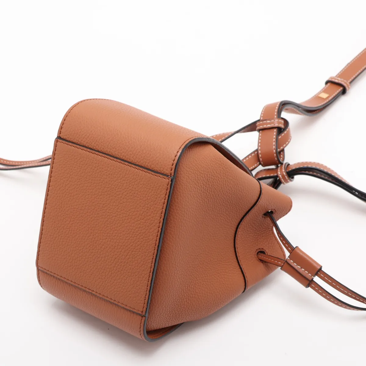 Hammock Drawstring Mini Leather 2-Way Handbag, Brown — view 3