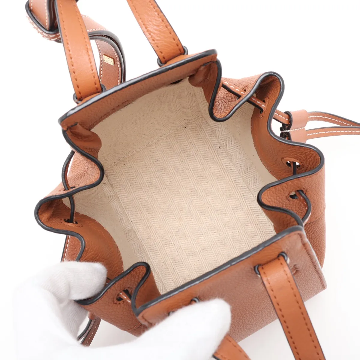 Hammock Drawstring Mini Leather 2-Way Handbag, Brown — view 8