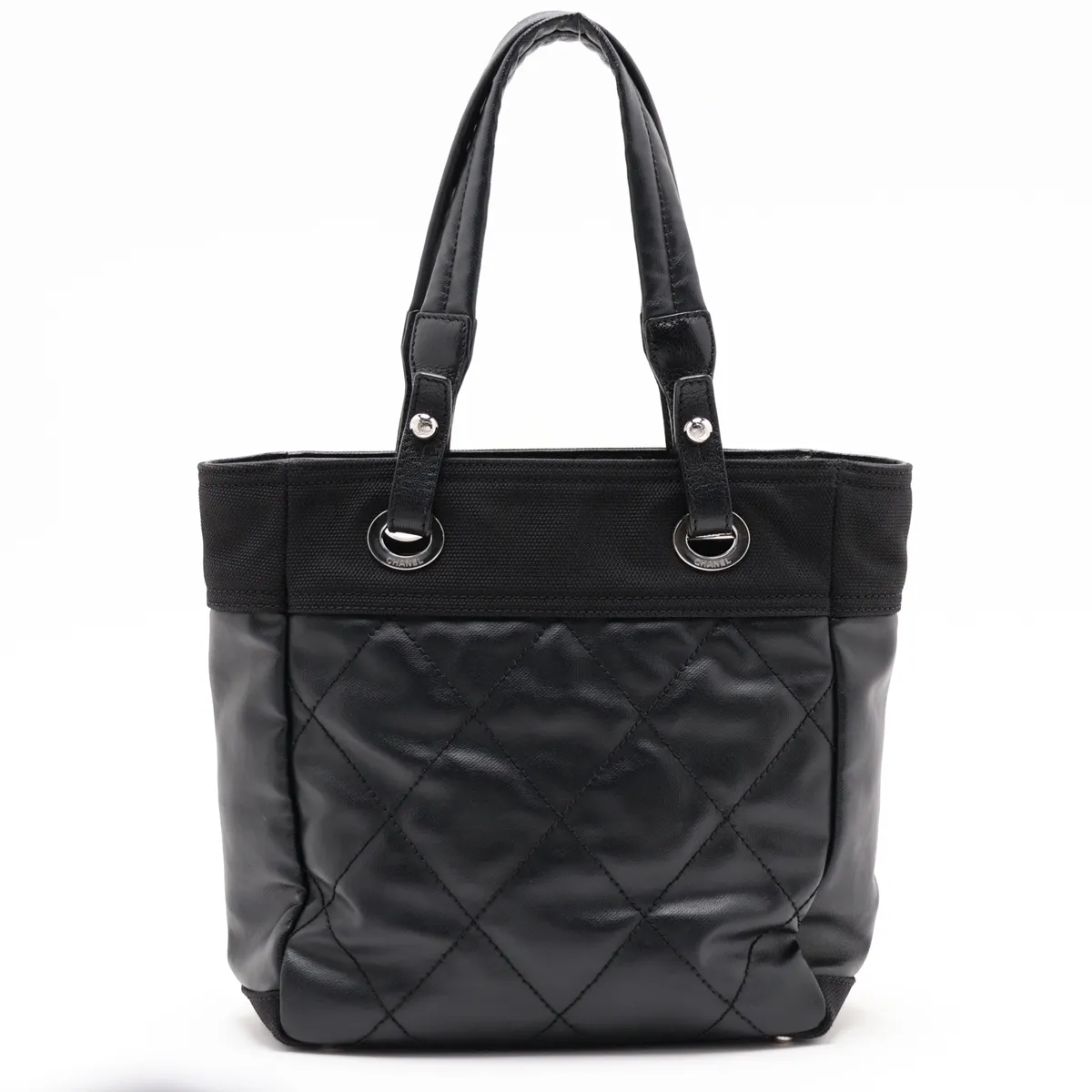 Paris Biarritz PM Coated Canvas Tote Bag, Black with Silver Hardware — view 2