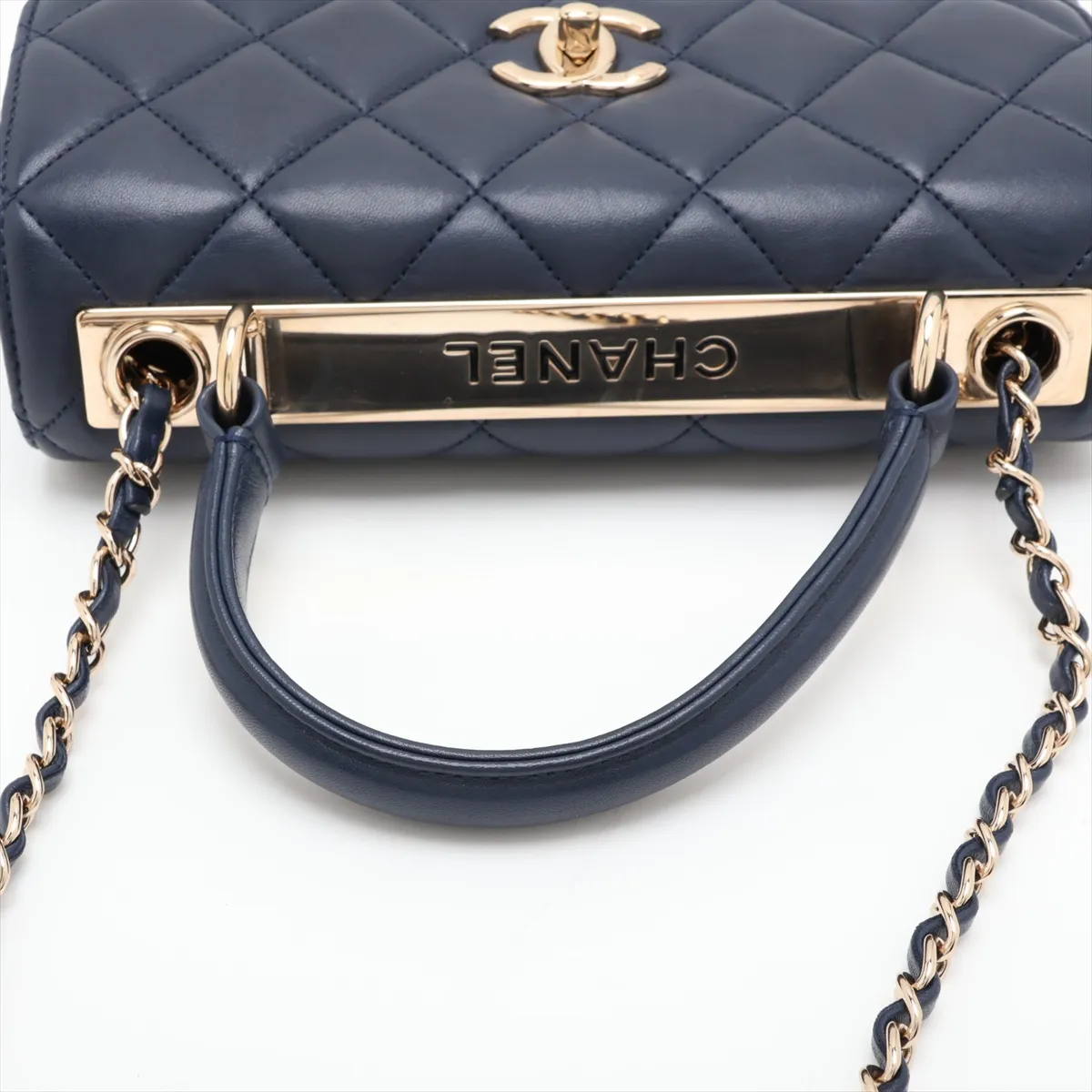 Trendy CC Lambskin 2-Way Handbag, Navy with Gold Hardware, 26387354, Serial Number 26 — view 5