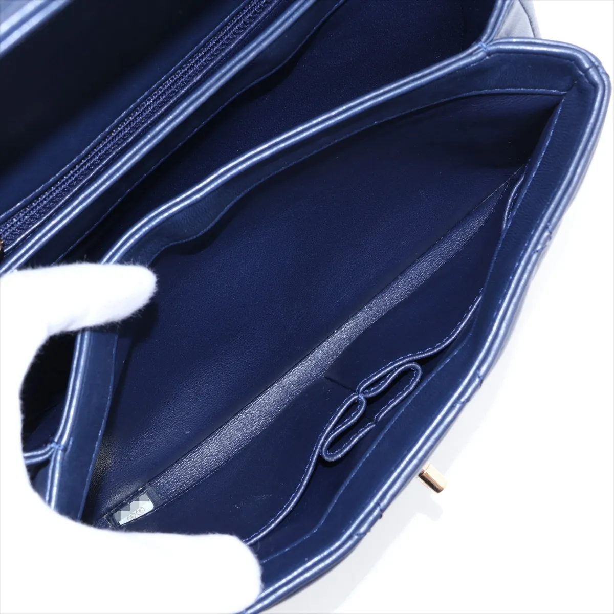 Trendy CC Lambskin 2-Way Handbag, Navy with Gold Hardware, 26387354, Serial Number 26 — view 9
