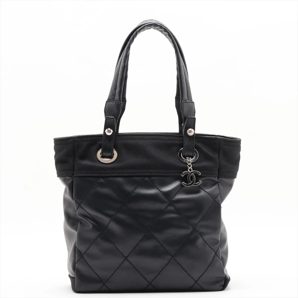 Paris Biarritz PM Coated Canvas Tote Bag, Black with Silver Hardware, Item No. 11199003, Series No. 11 — view 2
