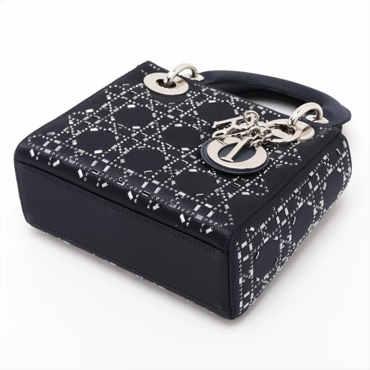 Lady Dior Cannage Satin 2-Way Handbag, Navy — view 3