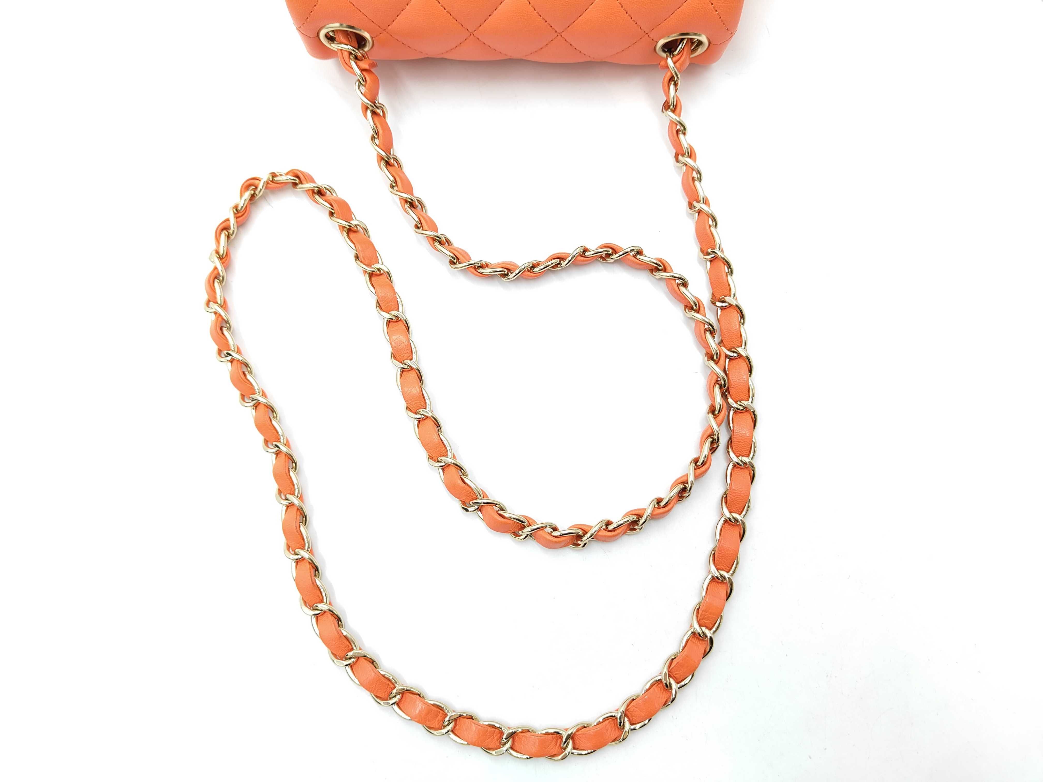 Mini Matelassé Chain Shoulder Bag, Orange Lambskin, Gold Hardware. — view 3