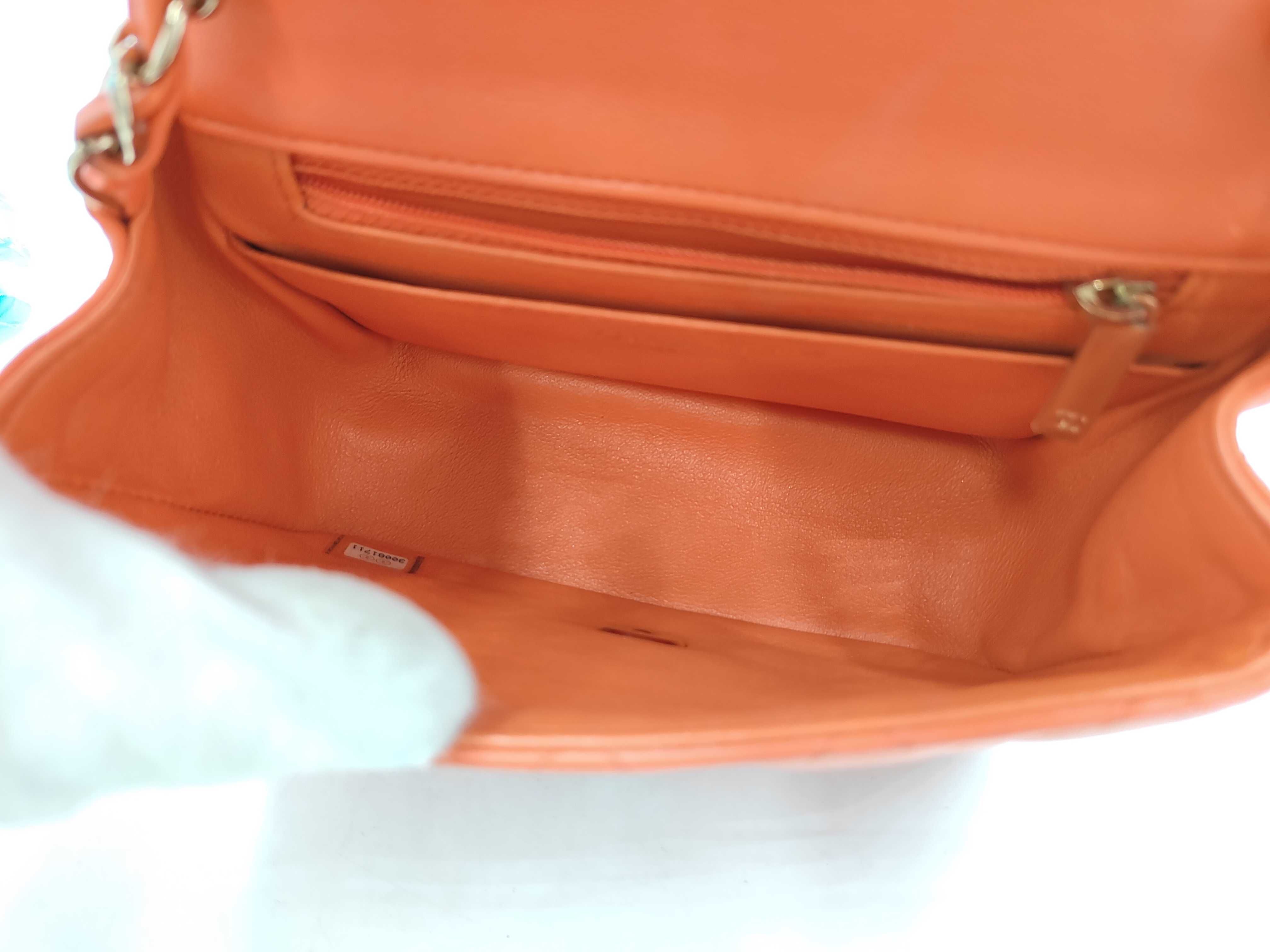 Mini Matelassé Chain Shoulder Bag, Orange Lambskin, Gold Hardware. — view 10