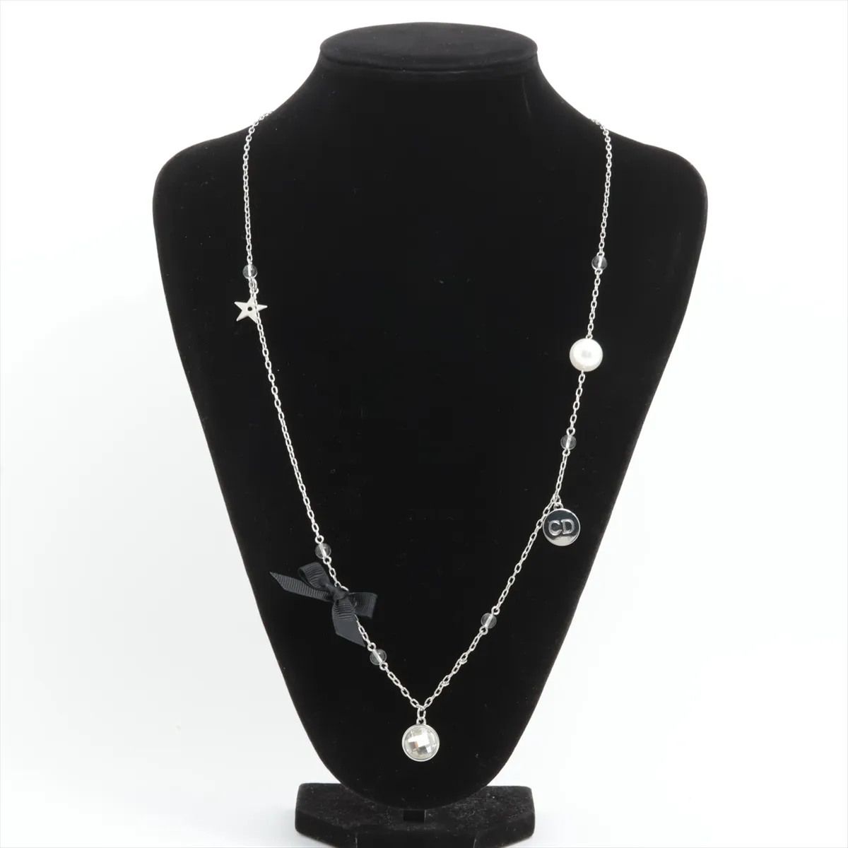 Ribbon Necklace, Metal x Rhinestone x Faux Pearl, Silver. — view 5
