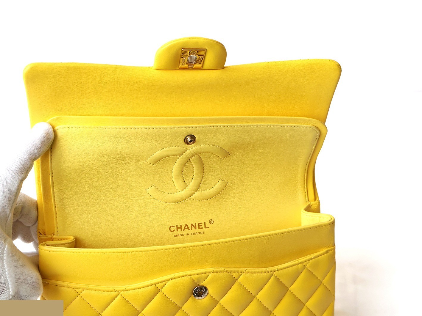 Matelassé 25 Lambskin Double Flap Double Chain Shoulder Bag, Yellow — view 11