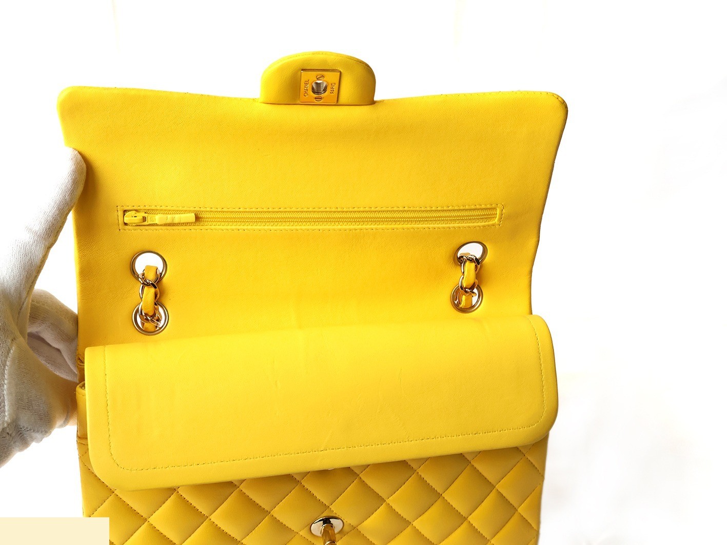 Matelassé 25 Lambskin Double Flap Double Chain Shoulder Bag, Yellow — view 10