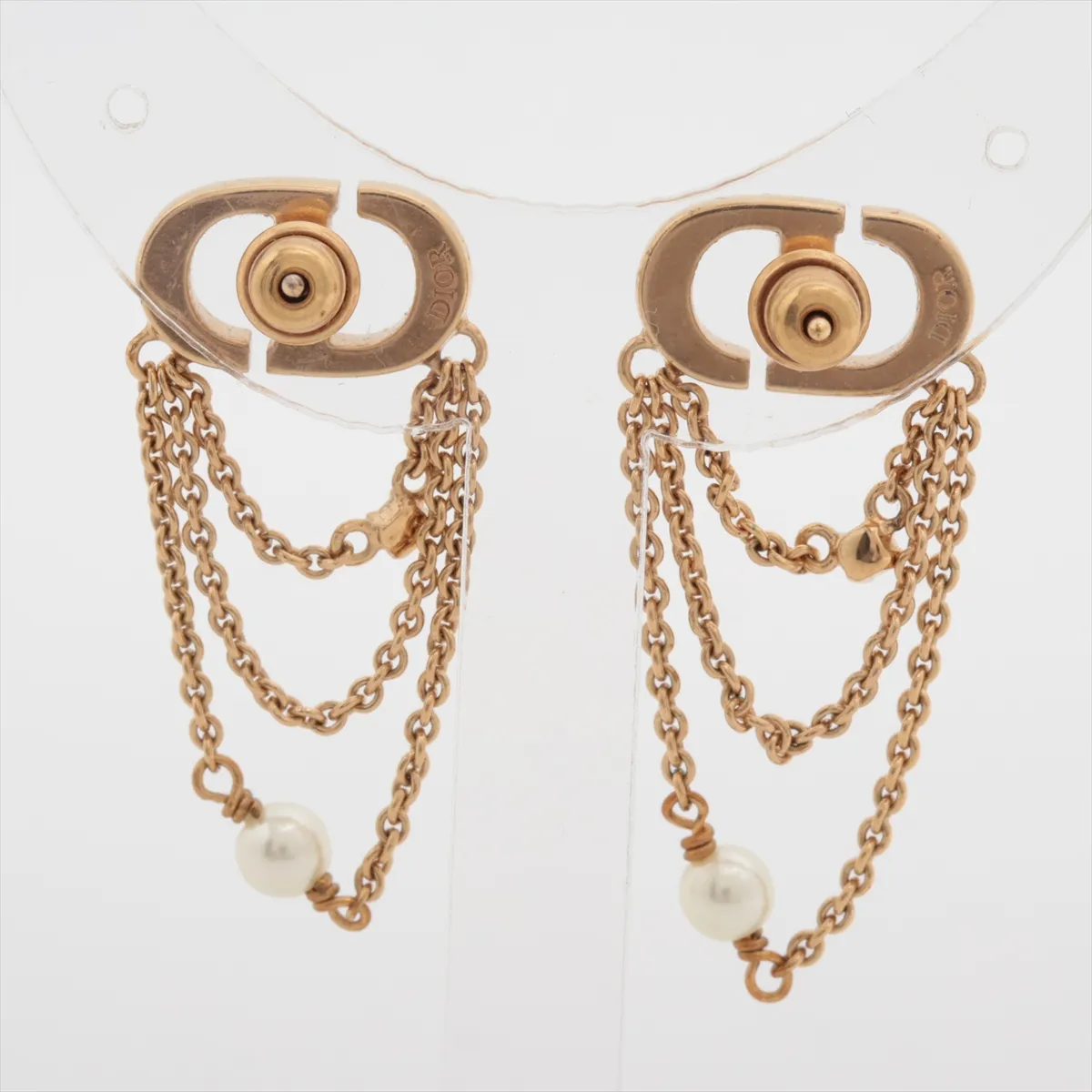 Petit CD earrings (for both ears), gold-plated with rhinestones and faux pearls. Shows signs of wear, including — view 2
