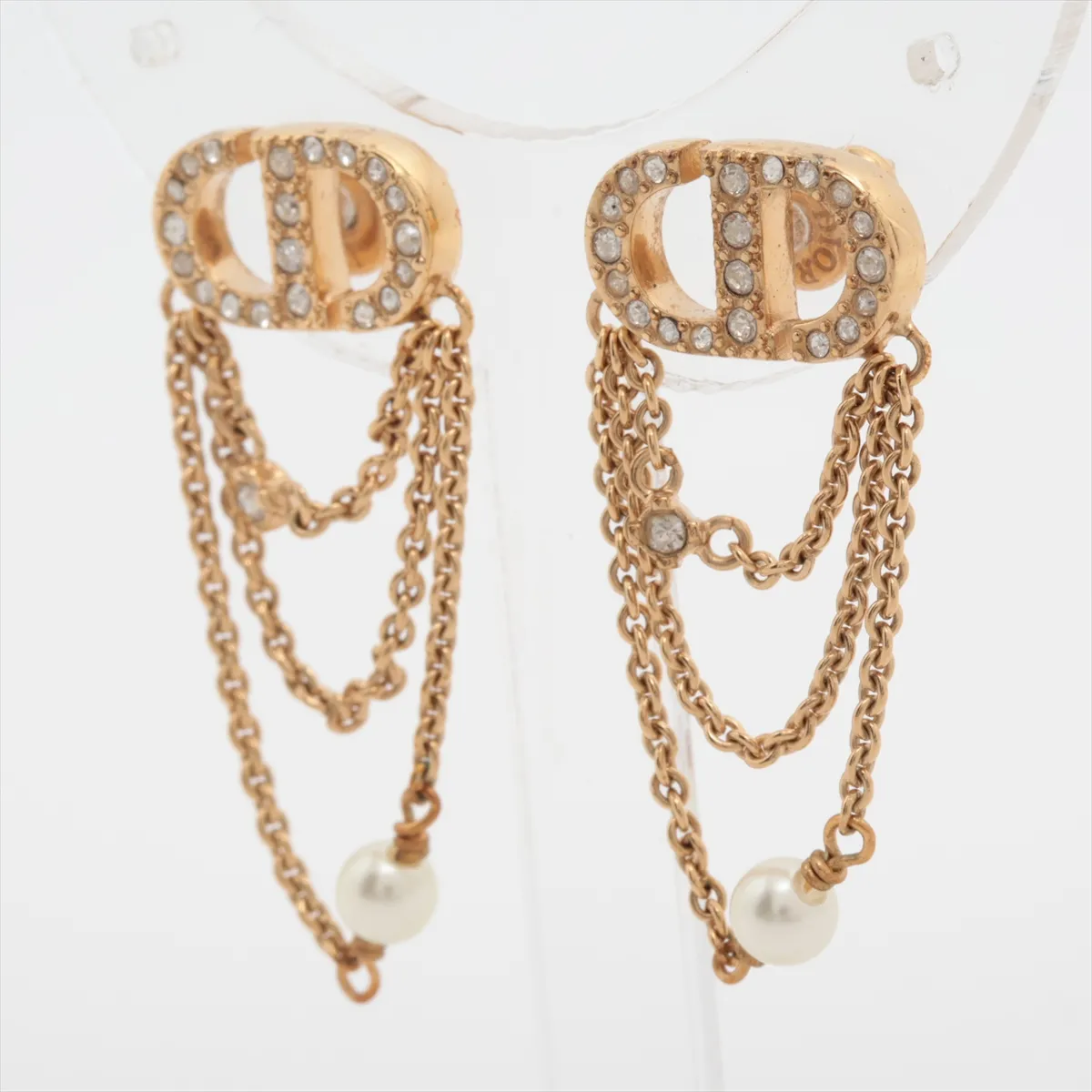 Petit CD earrings (for both ears), gold-plated with rhinestones and faux pearls. Shows signs of wear, including — view 3