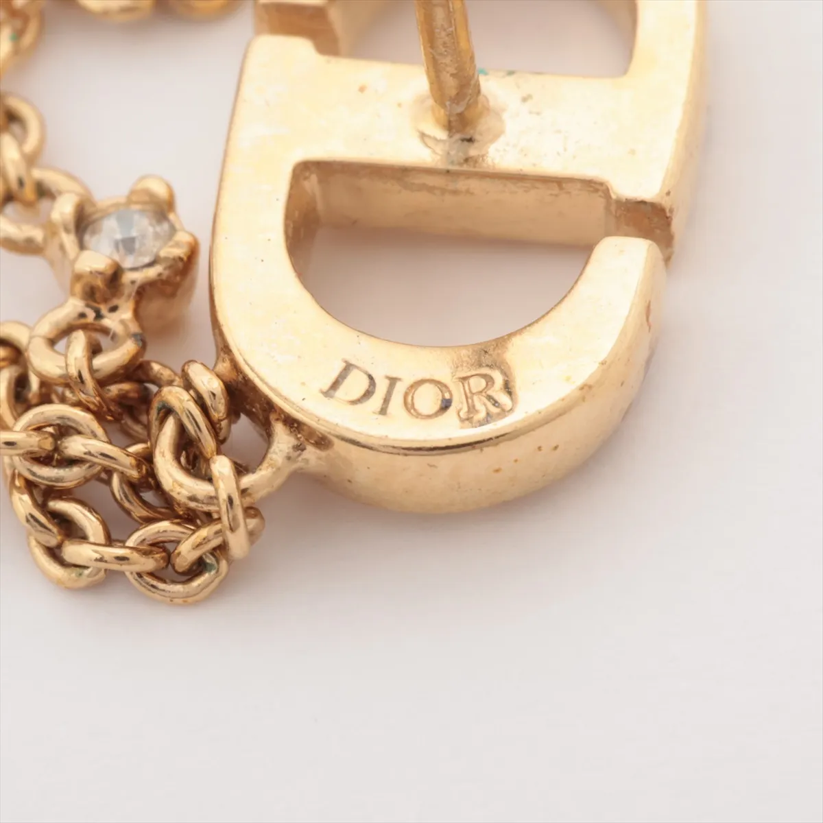 Petit CD earrings (for both ears), gold-plated with rhinestones and faux pearls. Shows signs of wear, including — view 5