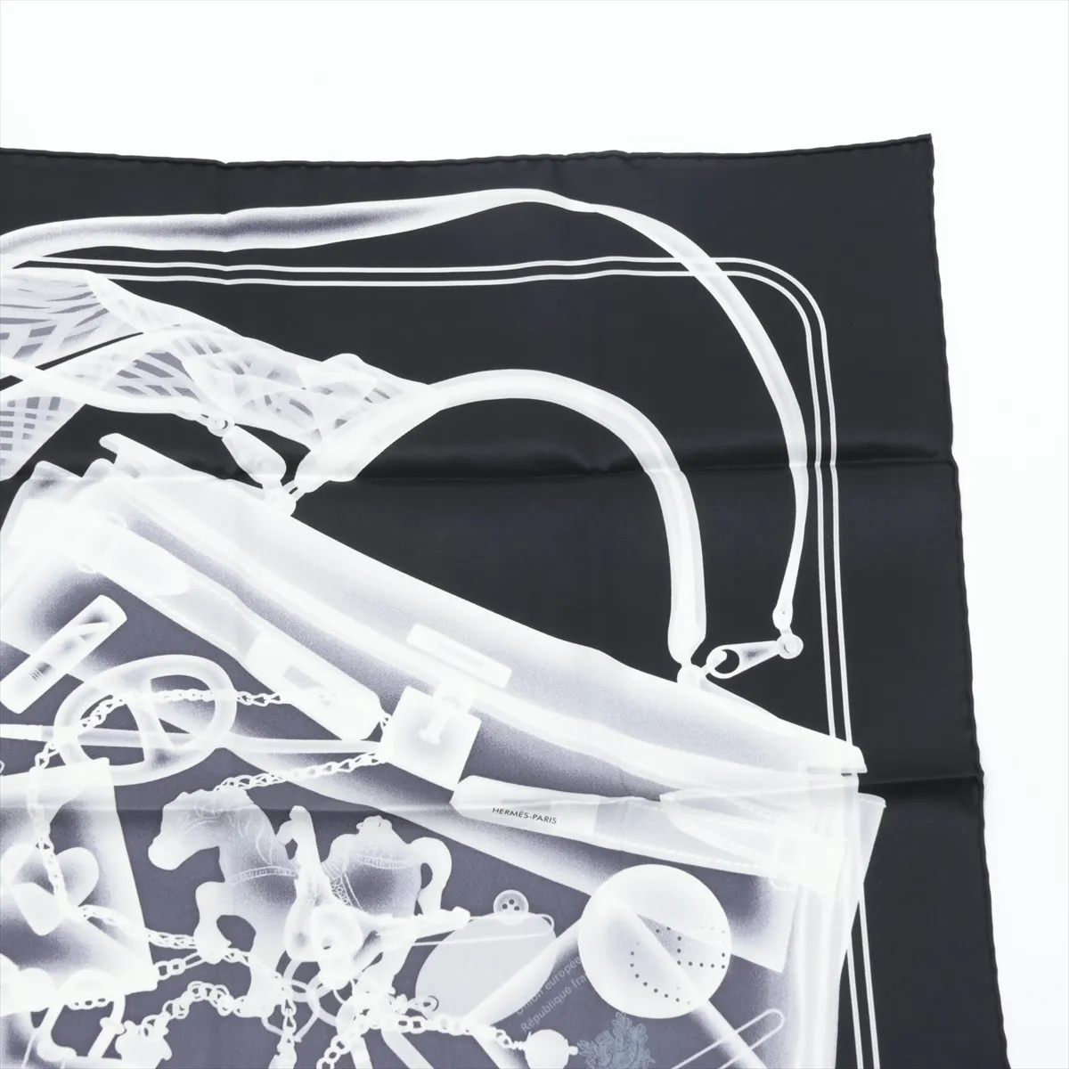 Carre 70 PLEASE CHECK-IN scarf, silk, black, some wear and — view 3