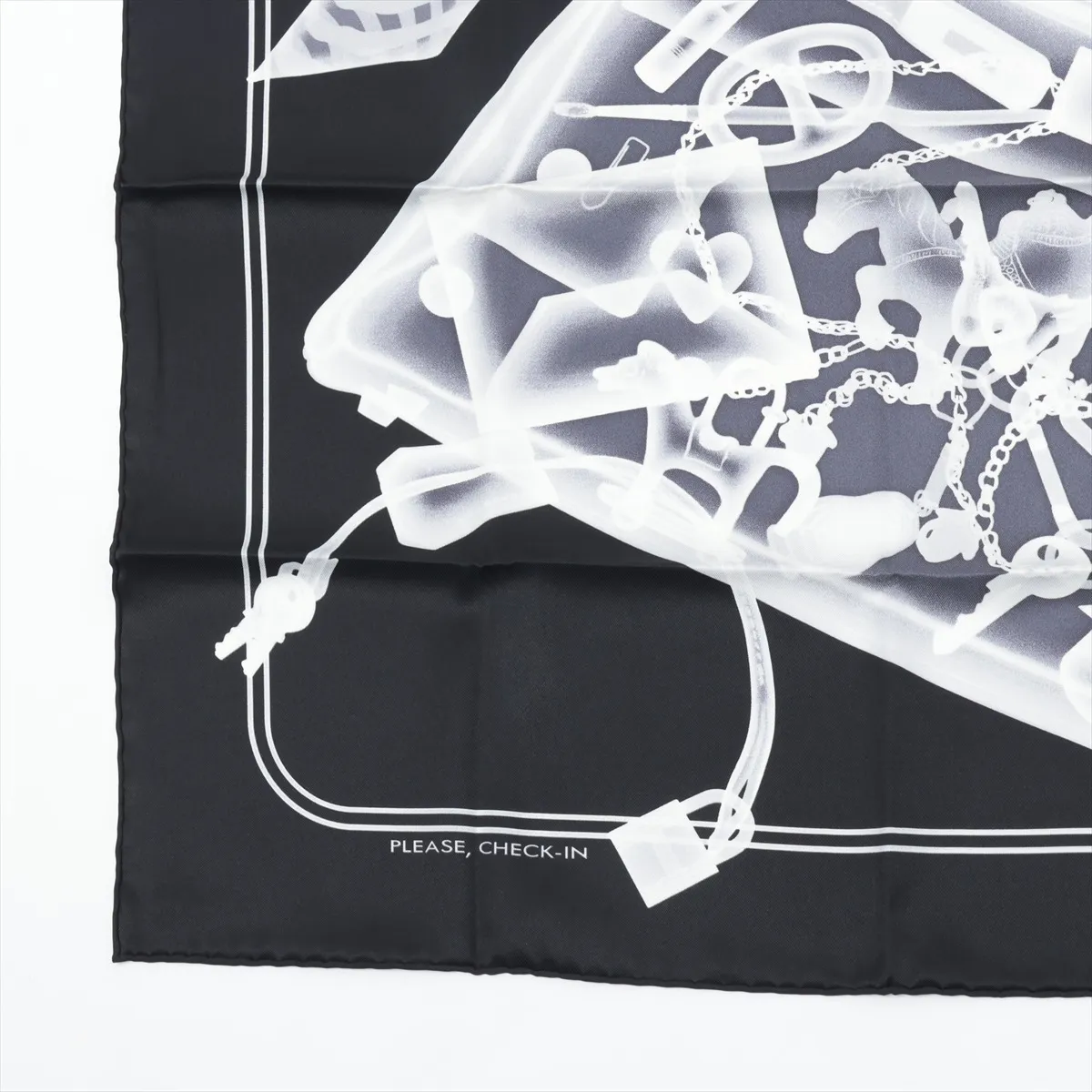 Carre 70 PLEASE CHECK-IN scarf, silk, black, some wear and — view 5