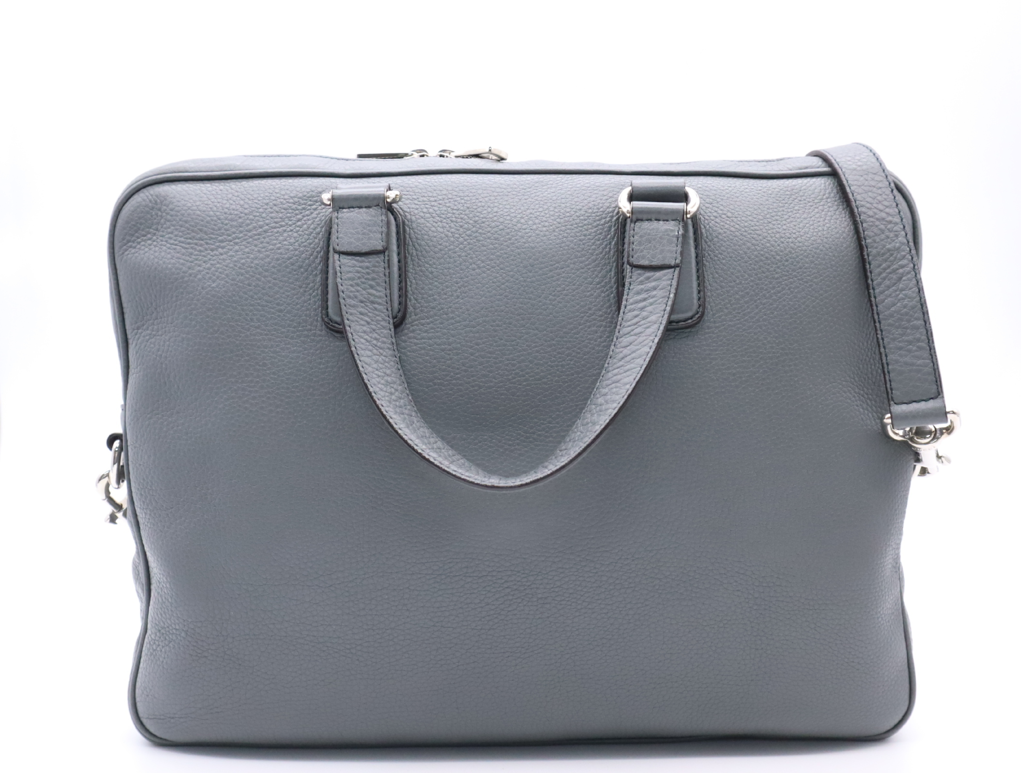322057 Leather Interlocking G Business Bag, Gray, Silver Hardware, Shoulder Strap — view 2