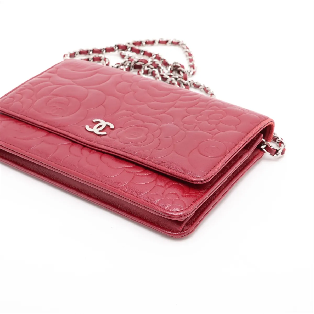 Camellia Lambskin Chain Wallet, Red, Silver Hardware, Item No. 17368965, Series 17 — view 3
