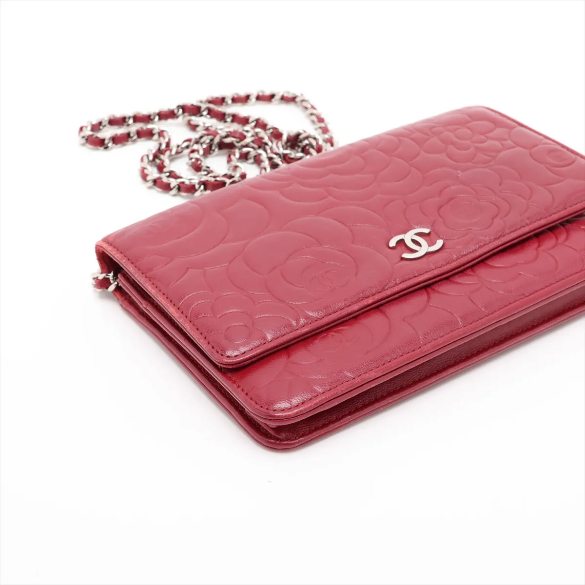 Camellia Lambskin Chain Wallet, Red, Silver Hardware, Item No. 17368965, Series 17 — view 4