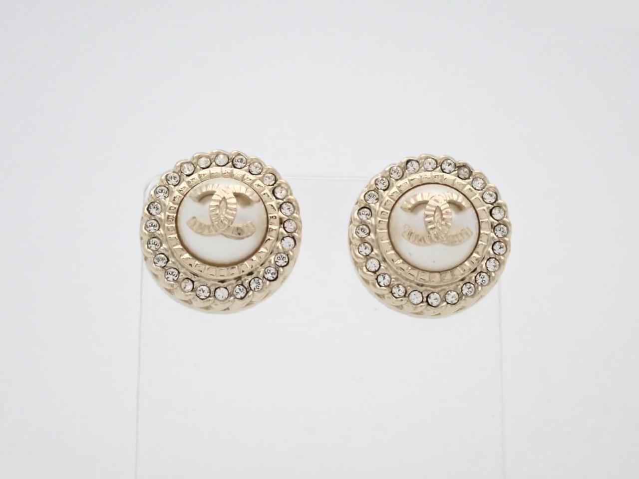 earrings, B21B, Coco Mark design, pearl, rhinestone, 1.5cm wide.