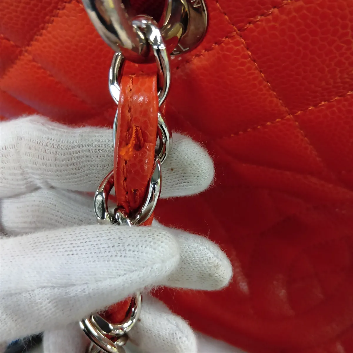 GST Caviar Skin Chain Tote Bag, Orange, Silver Hardware, 16559661, Serial Number 16 — view 13