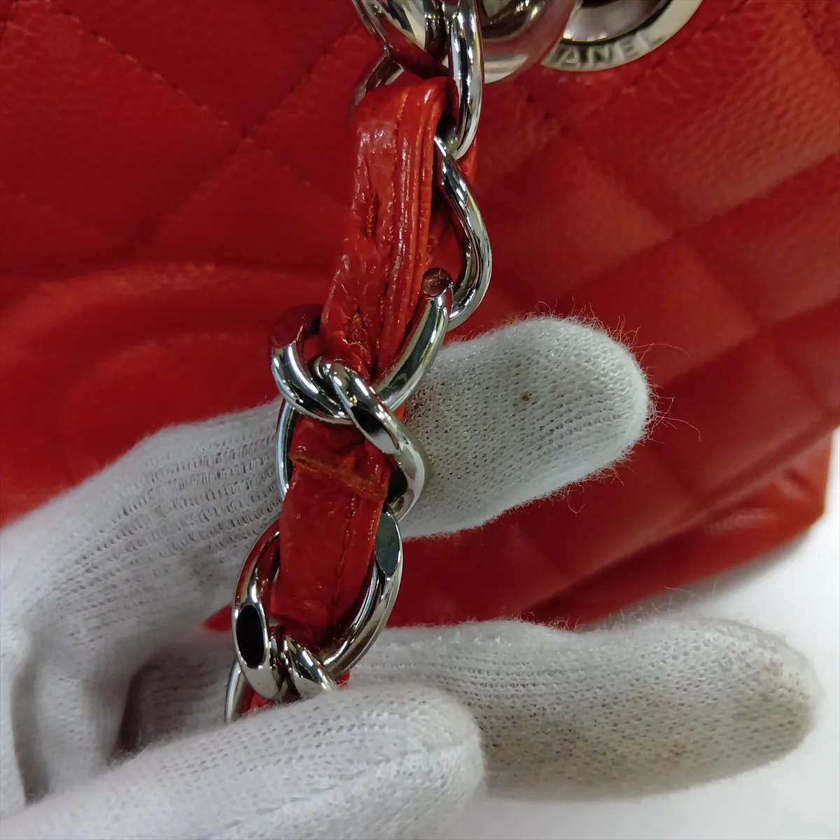 GST Caviar Skin Chain Tote Bag, Orange, Silver Hardware, 16559661, Serial Number 16 — view 14