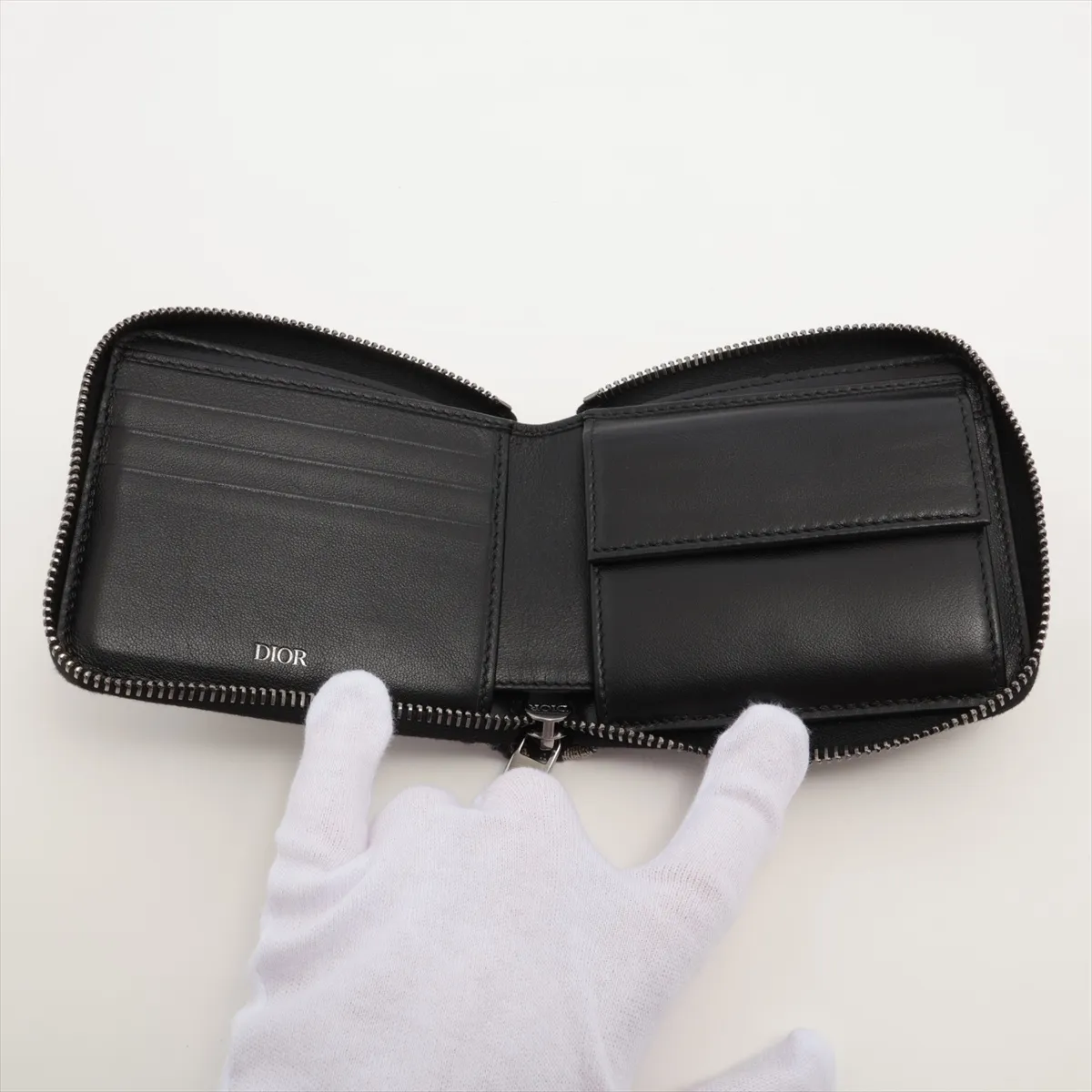 Oblique Canvas x Leather Compact Wallet, Black x Navy — view 3