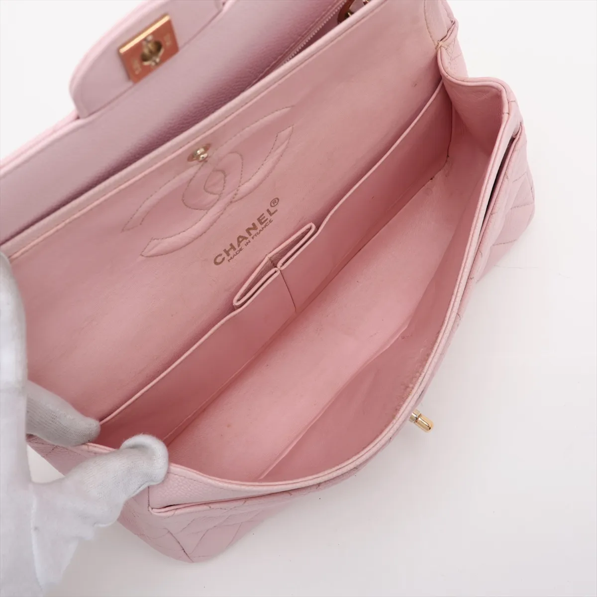 [Individually packaged] Chanel Matelassé 25 Caviar Skin Double Flap Double Chain Bag Pink Gold Hardware A01112 — view 7