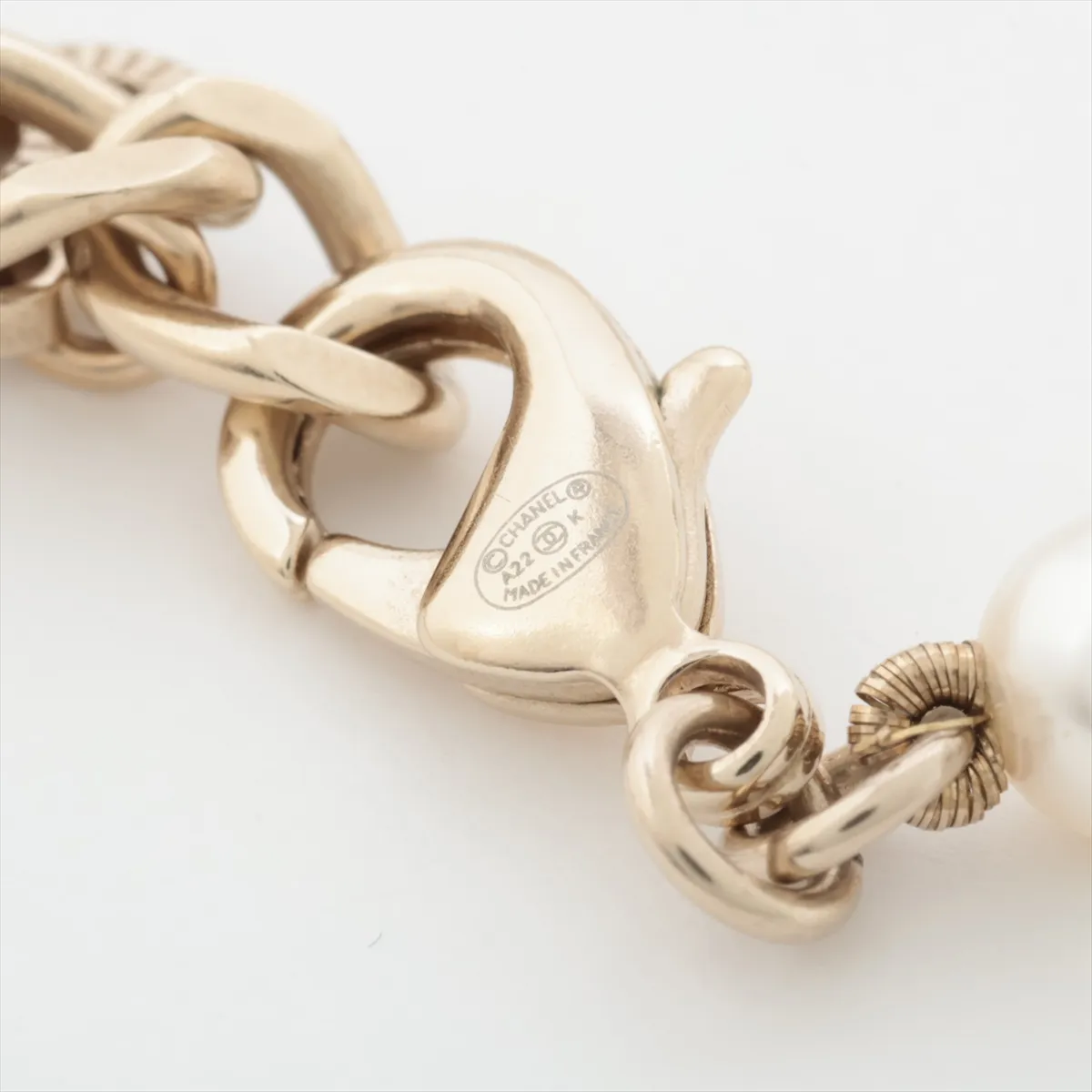 Coco Mark A22K Necklace, GP x Rhinestone x Faux Pearl, Gold. Shows signs of wear, — view 4